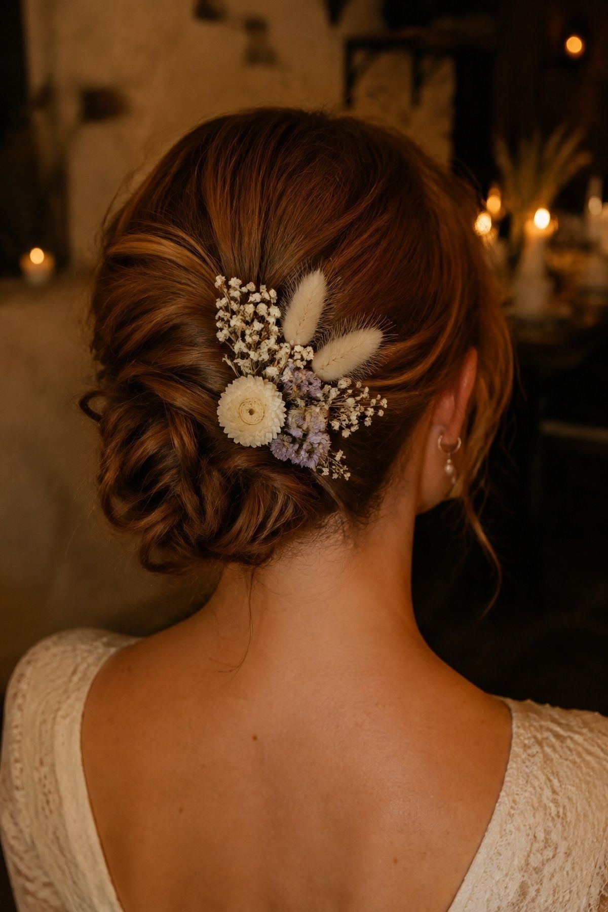 Dried flowers in hair for a late-night reception