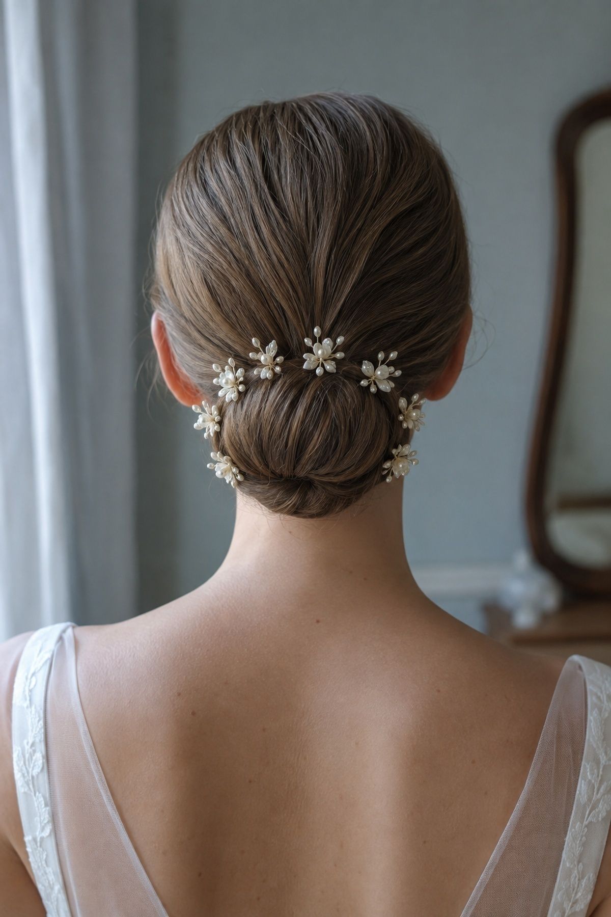 Floral pins arranged around a chignon