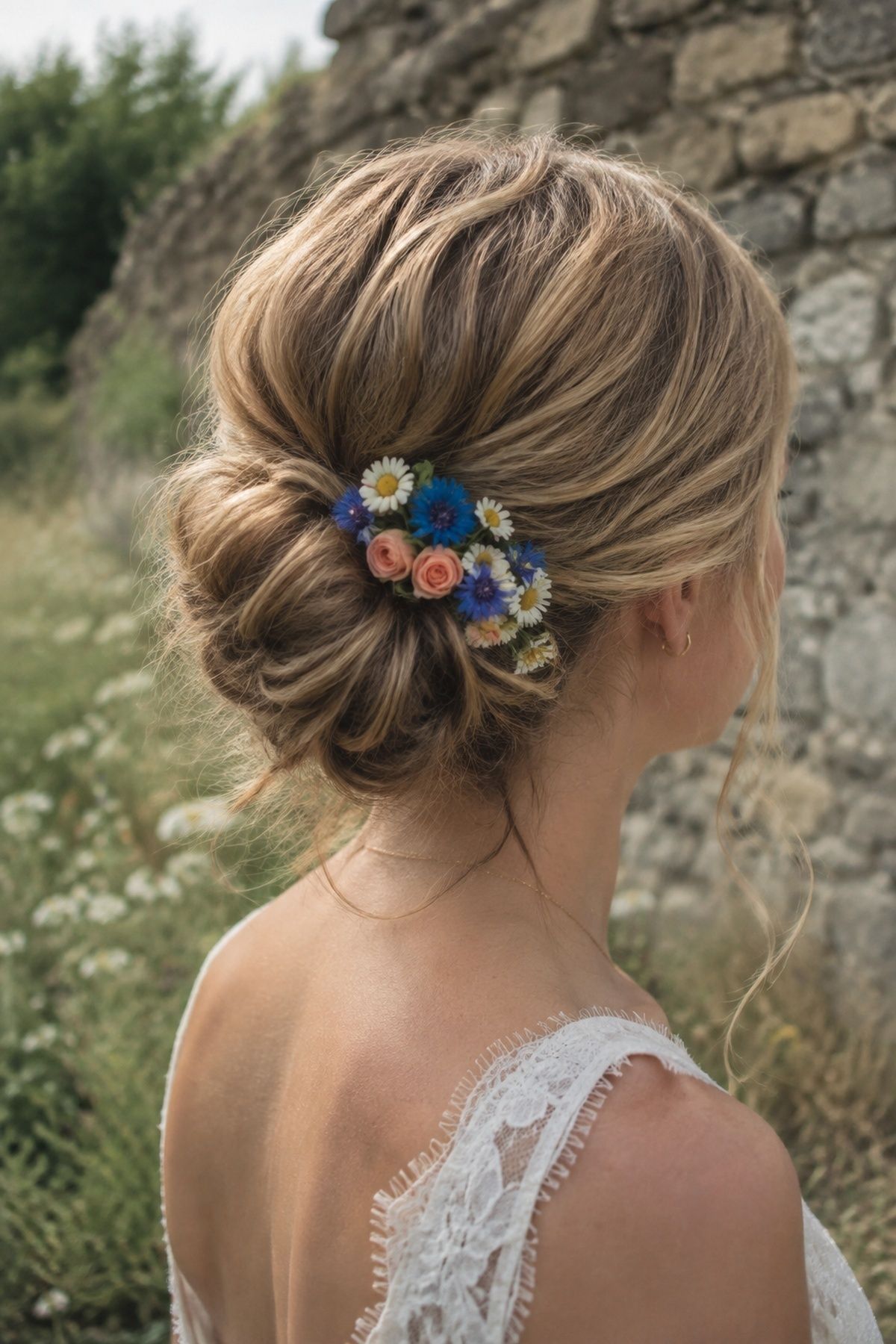 Wildflowers tucked into a relaxed updo