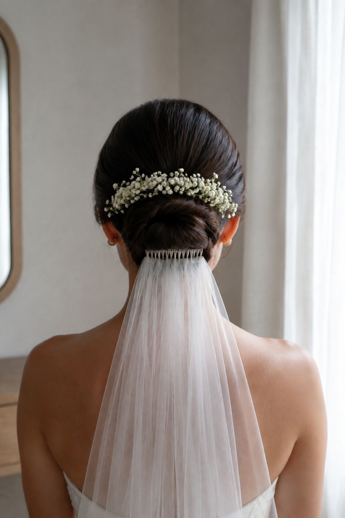 Veil and flowers combined at the bun