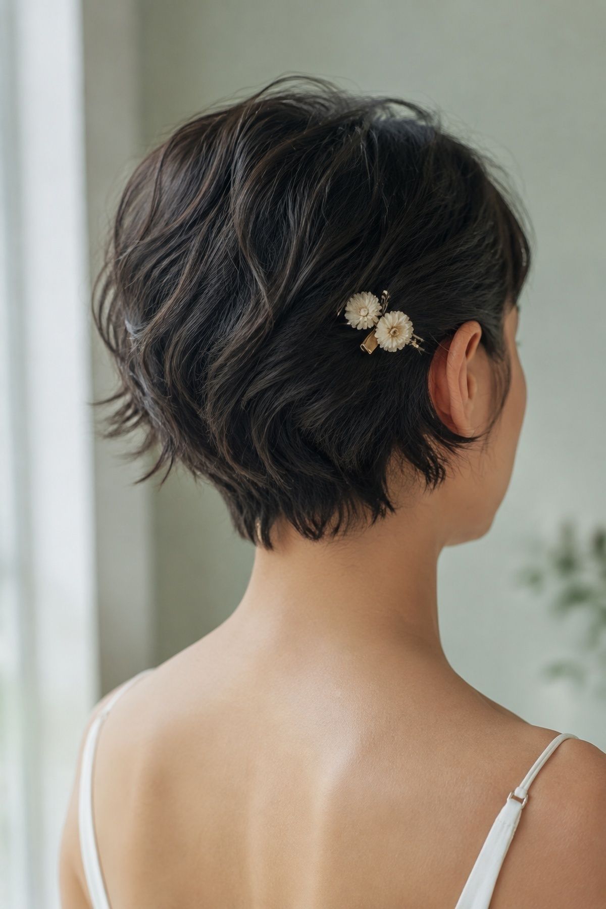 Short bridal hair with a small floral clip