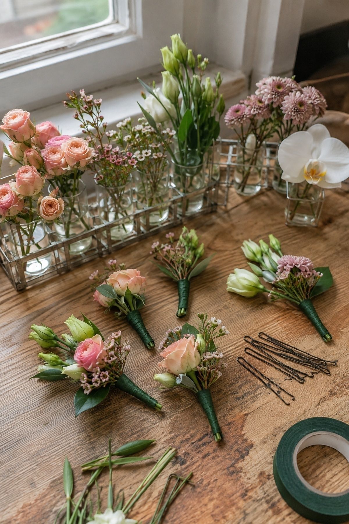 Hardy fresh flowers styled in bridal hair
