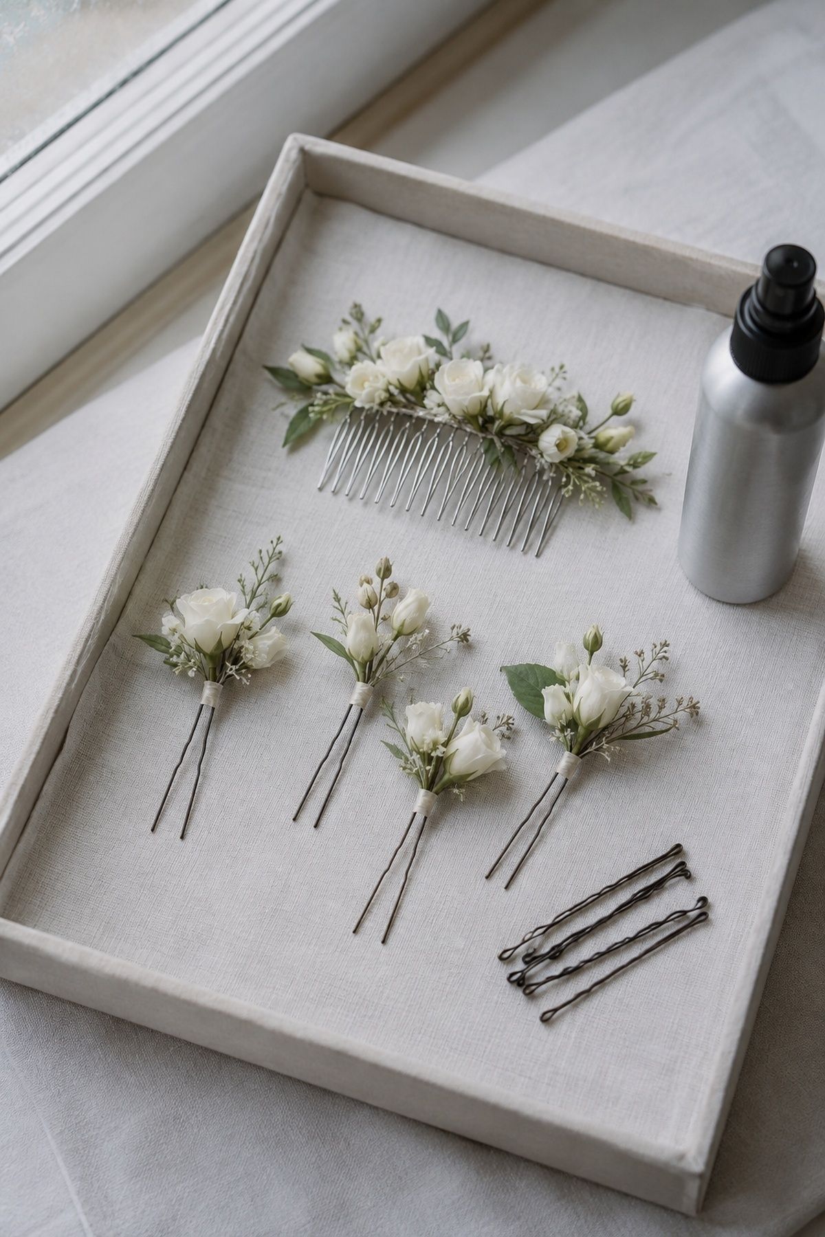 Floral combs and pins securing a bridal hairstyle