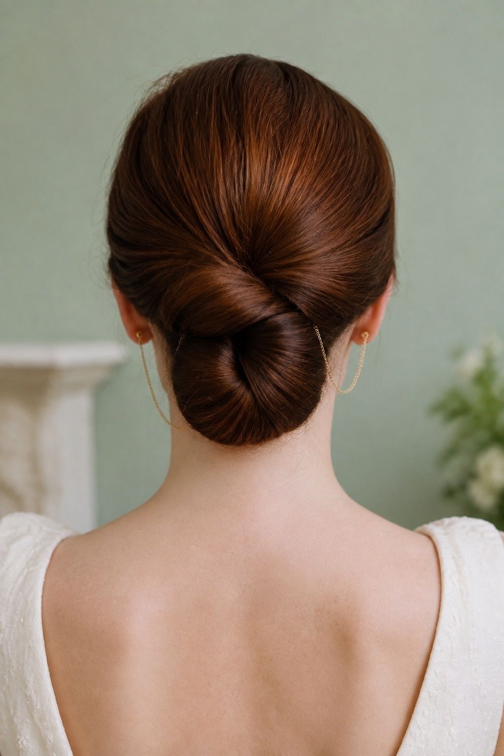 Infinity bun framed by twin earring chains