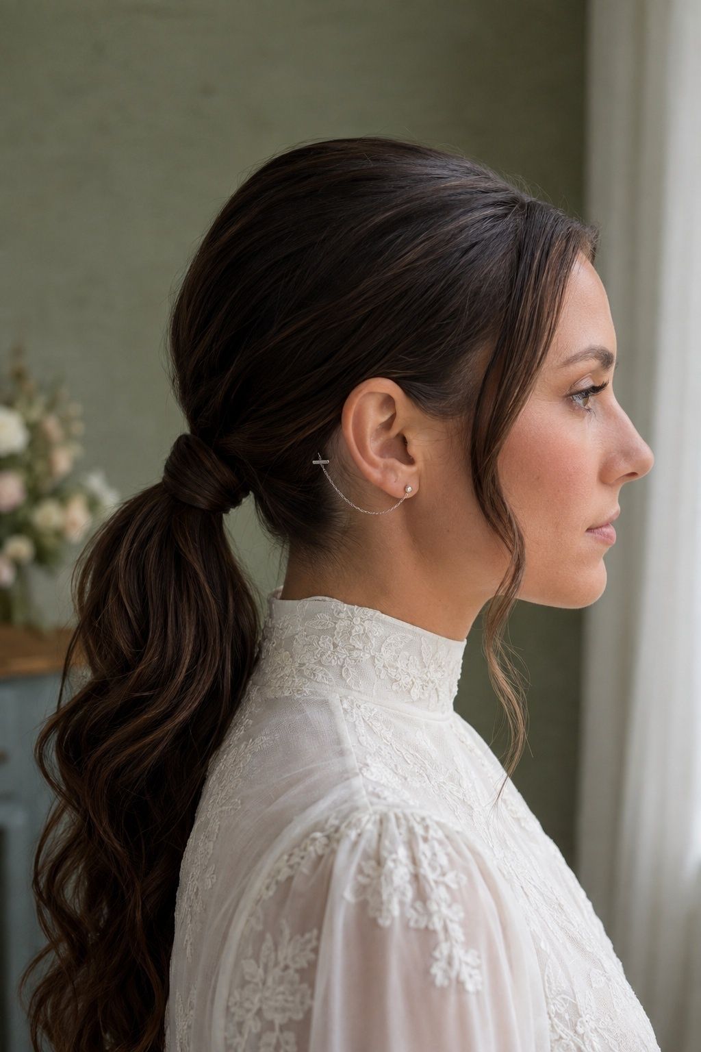 Low ponytail with a chain running along the ear