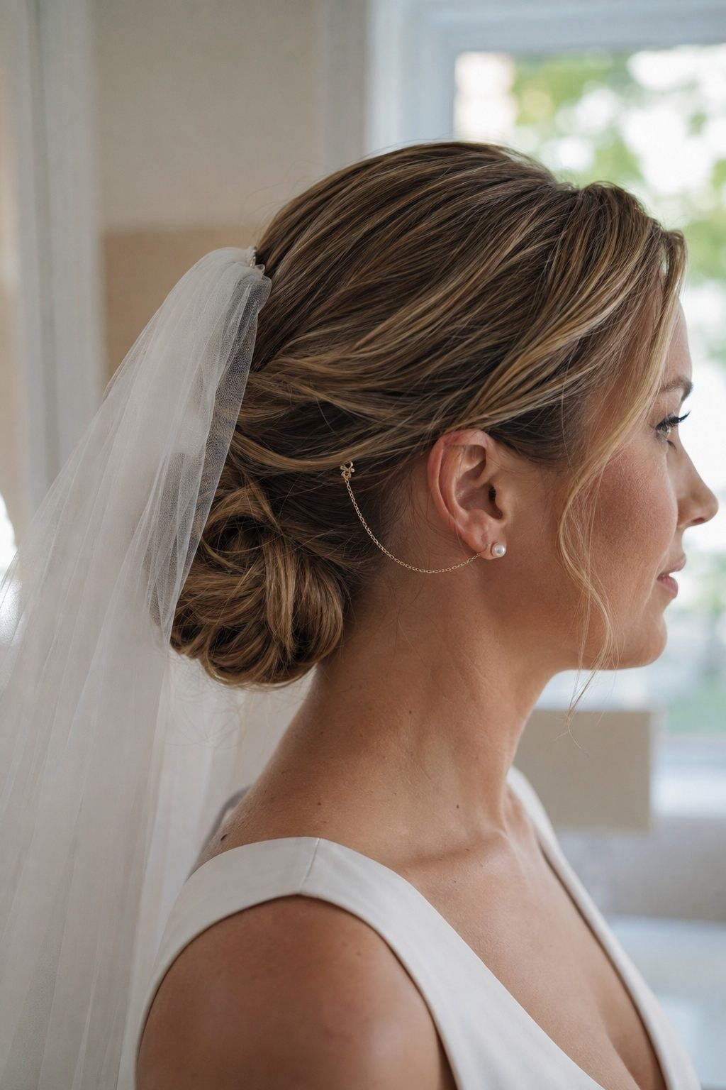 Earring chain placed to work with a veil