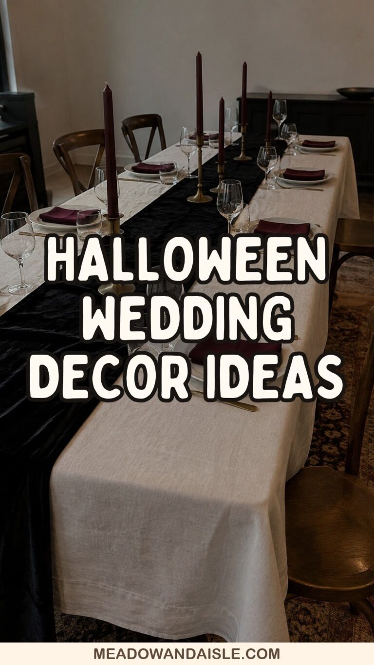 Halloween wedding decor ideas Pinterest pin over a moody velvet dinner table