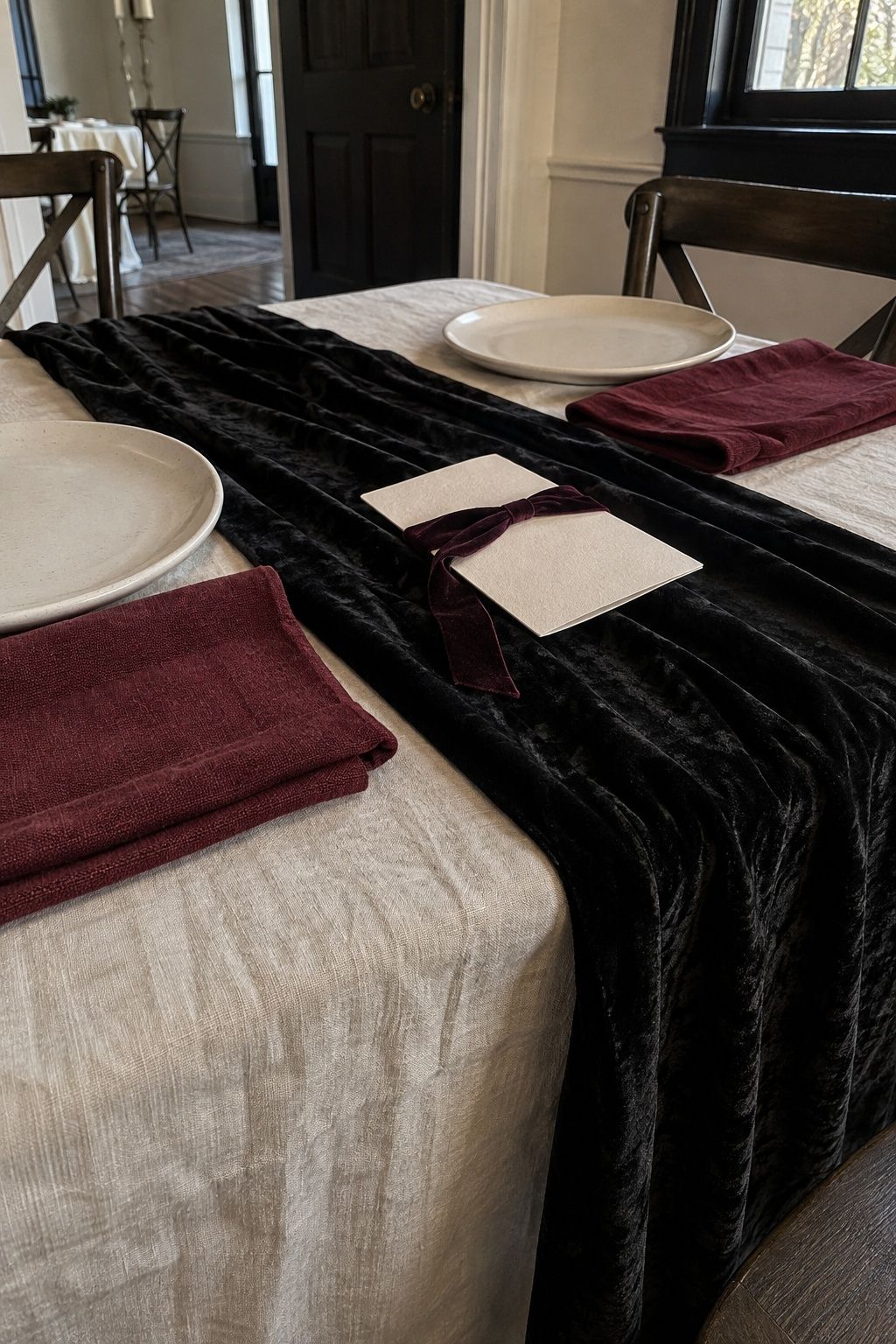 Velvet and linen textures for Halloween wedding decor