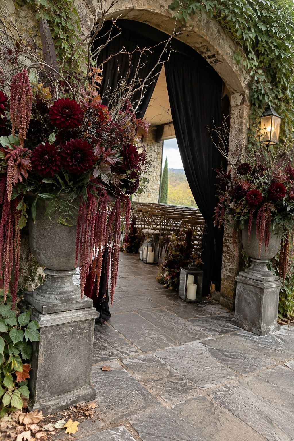 Gothic floral arrangements in urns