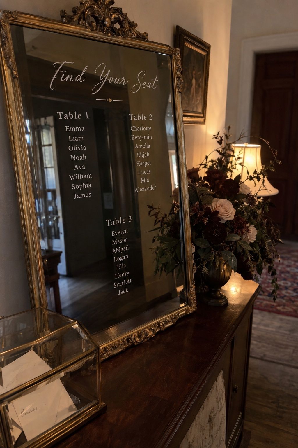 Seating chart displayed on an antique mirror