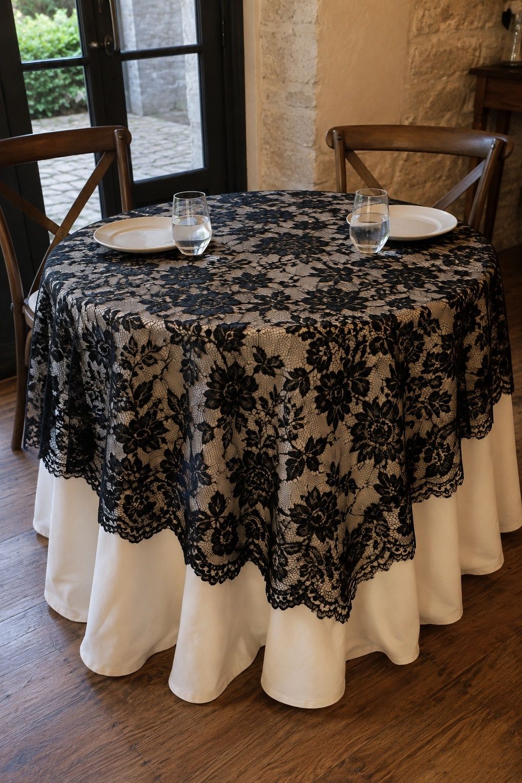 Black lace overlay on ivory table linen