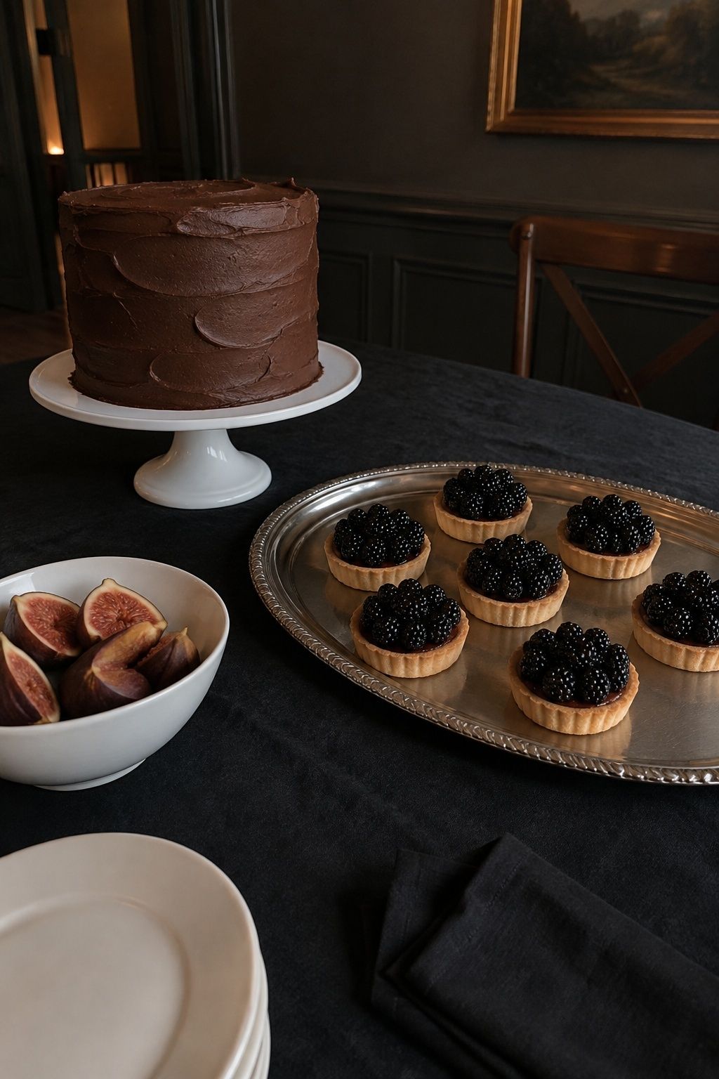 Dark, moody wedding dessert table