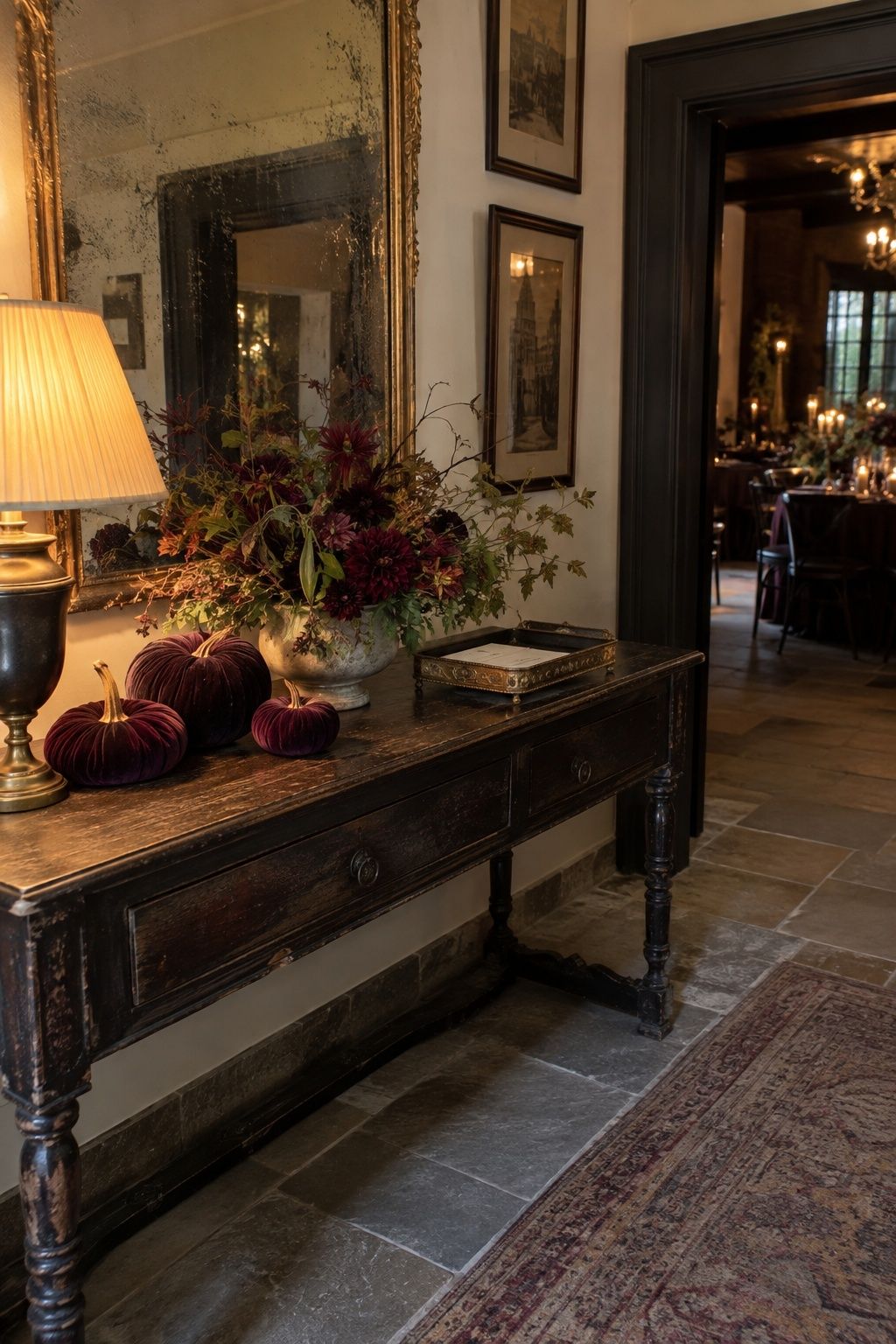 Moody entry vignette at a Halloween wedding