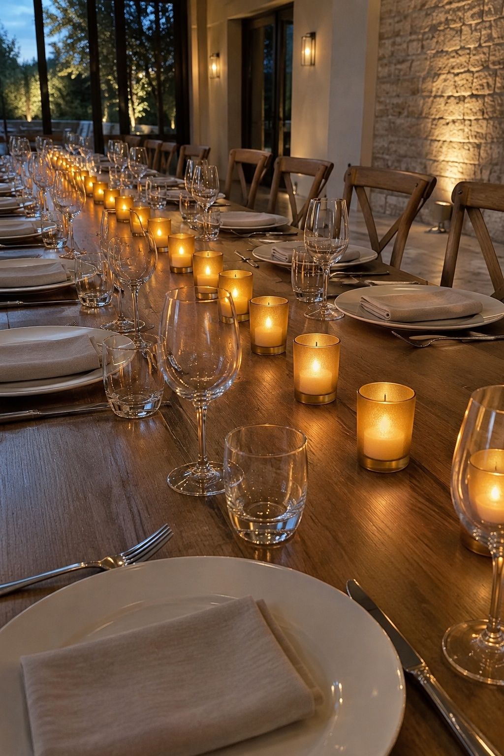 Low line of votive candles down the table