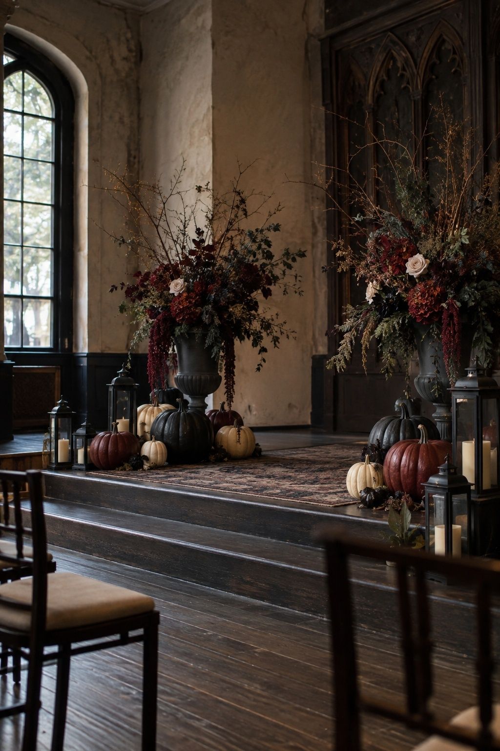 Painted pumpkins at the base of the ceremony
