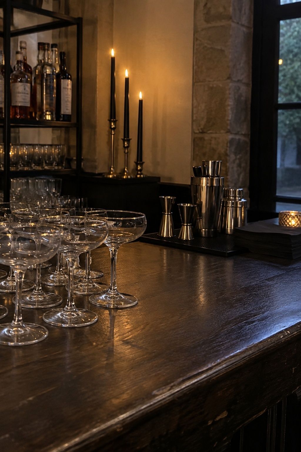Black taper candles on the wedding bar