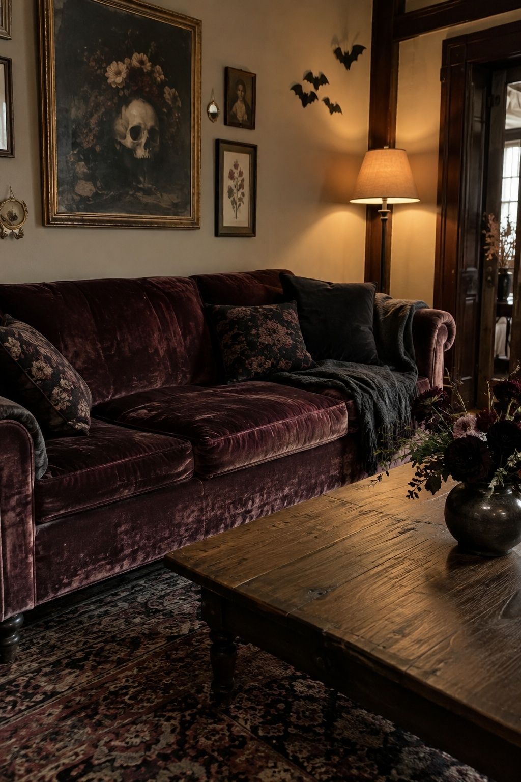 Cozy lounge styled with dark textiles