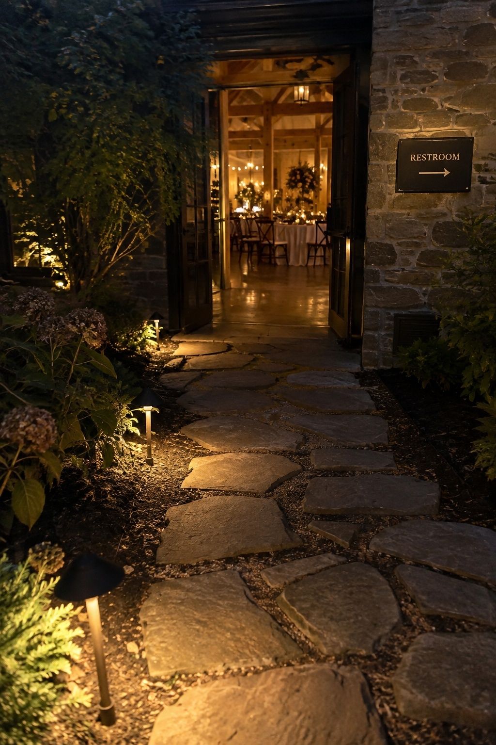 Lit walkways and signs for evening guests