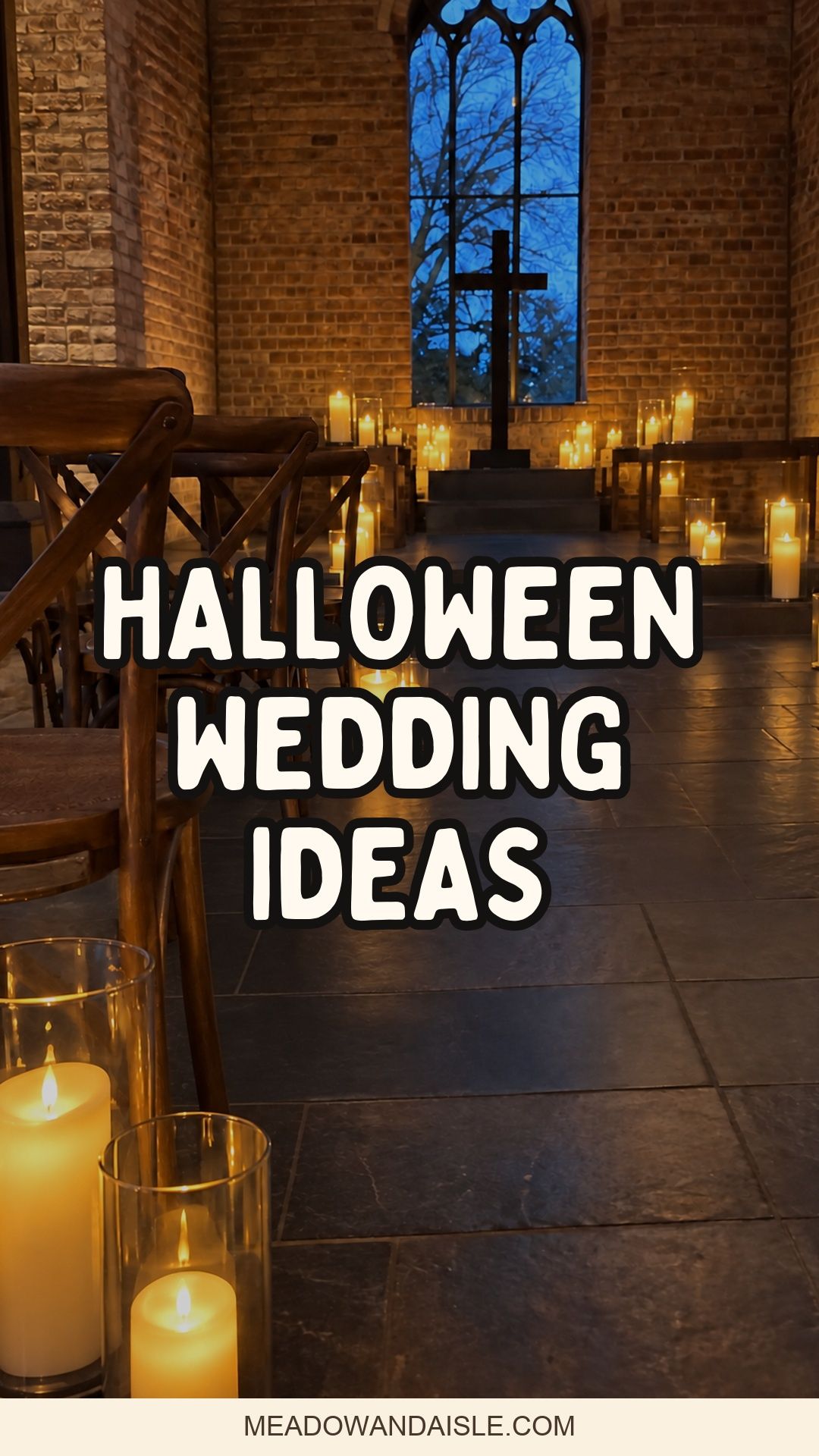 Halloween wedding ideas pin over an intimate candlelit ceremony aisle