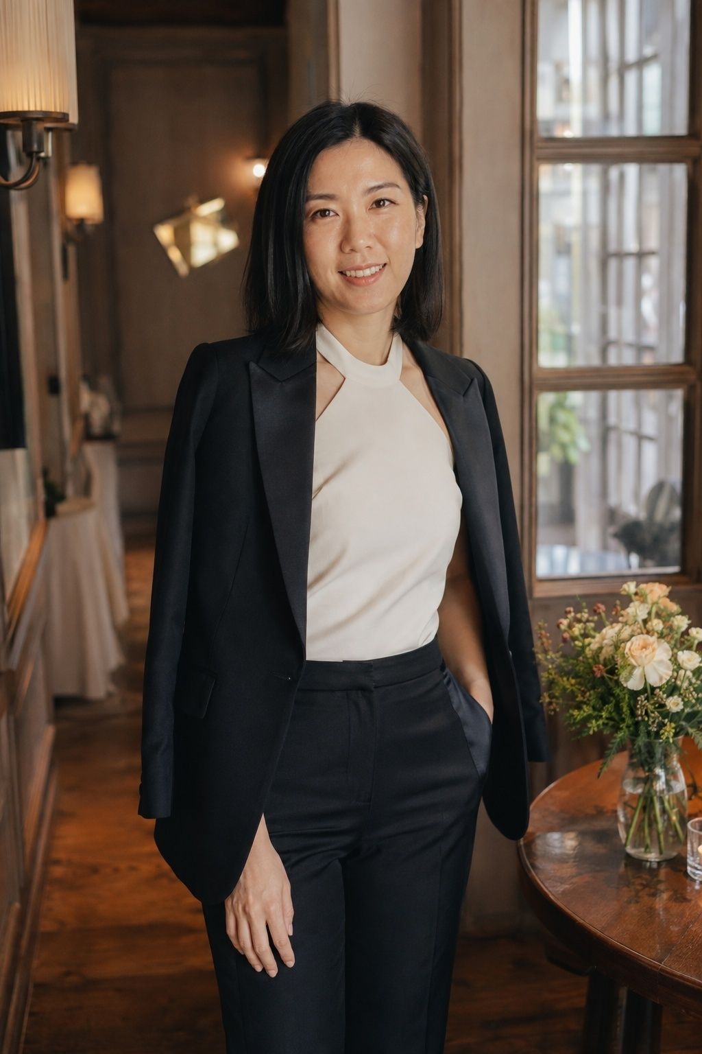 Ivory halter top styled with a black dinner jacket and tuxedo trousers
