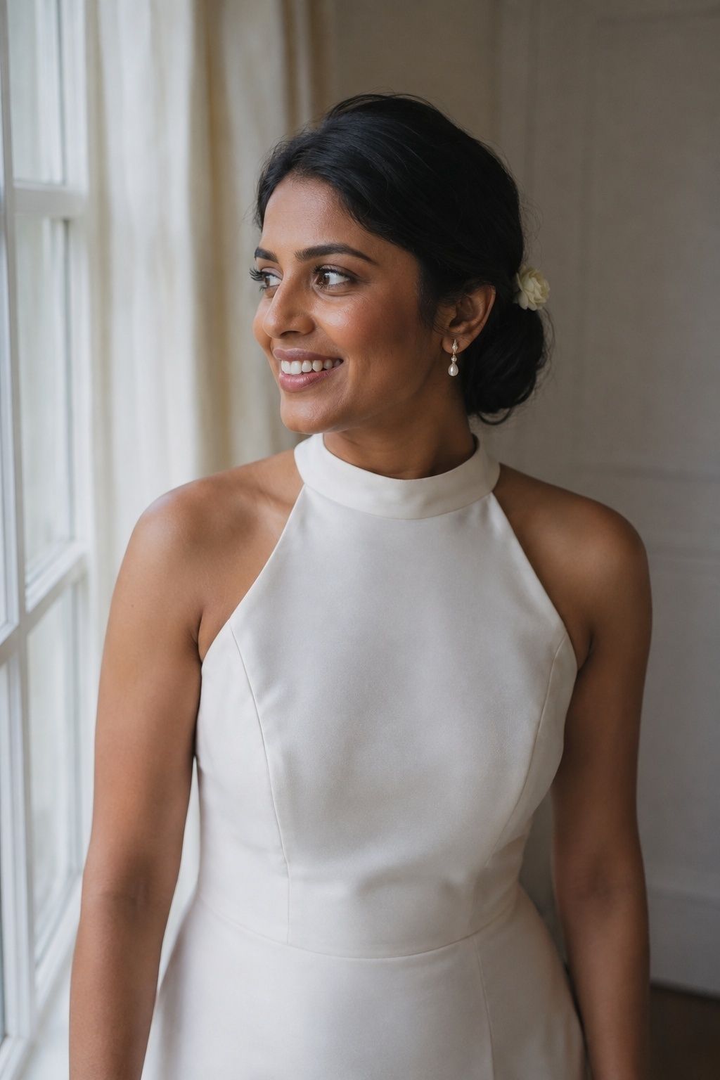 Pearl earrings and a low bun frame a bride’s face above a clean halter neckline
