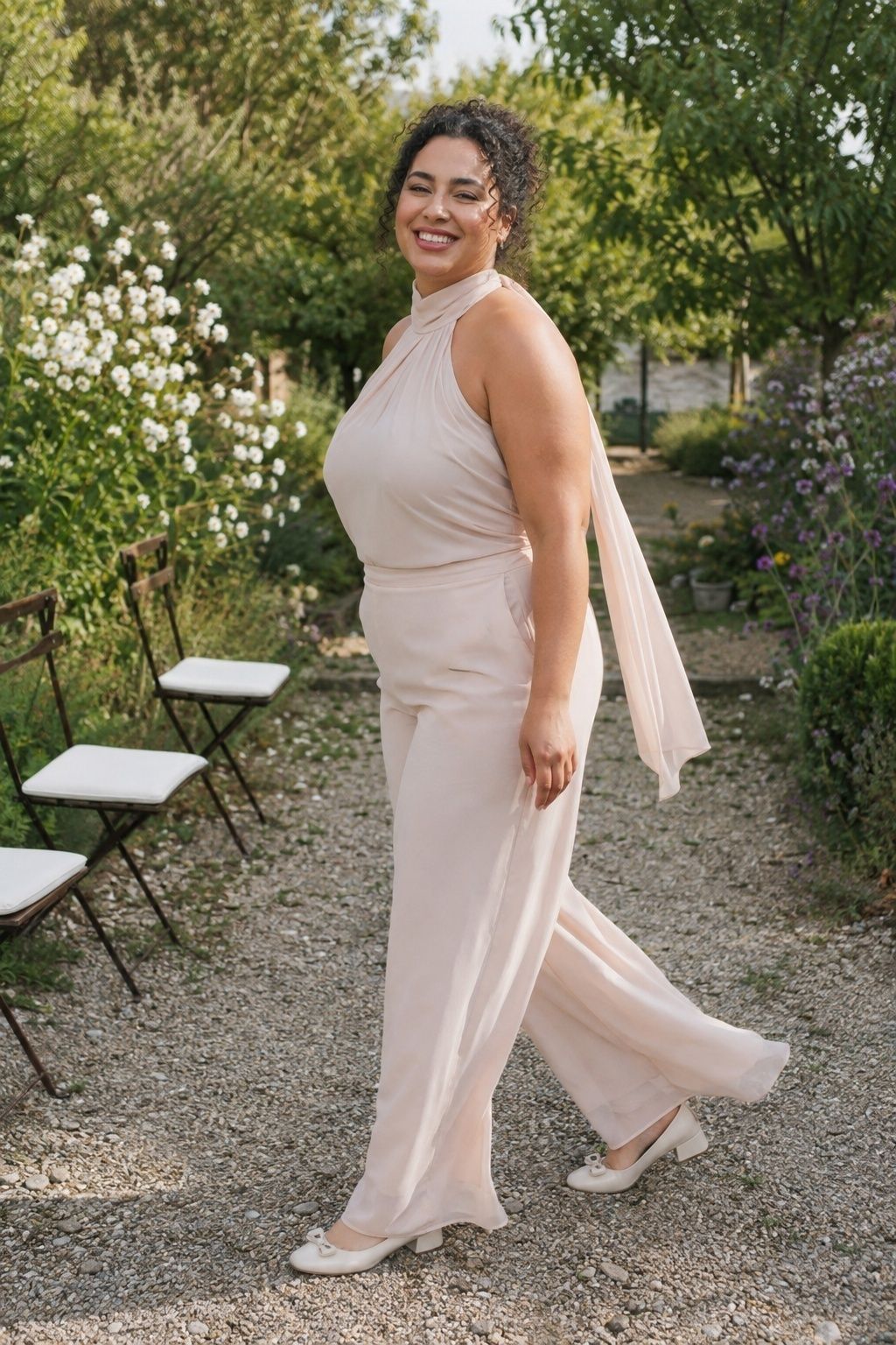 Blush halter pantsuit and block heels on an intimate garden ceremony path
