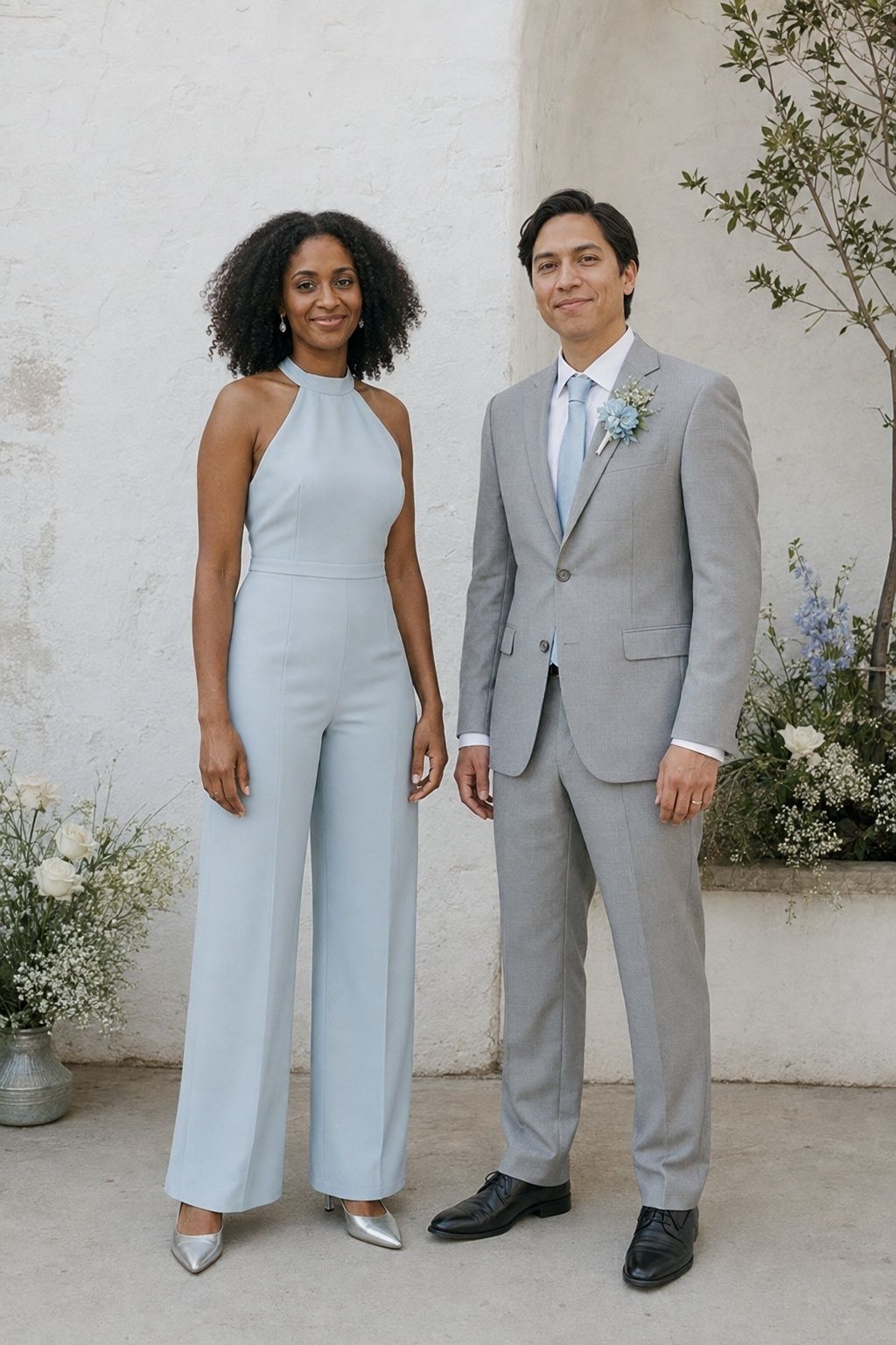 Pale-blue halter bridal suit coordinated with a partner’s pearl-gray tailoring