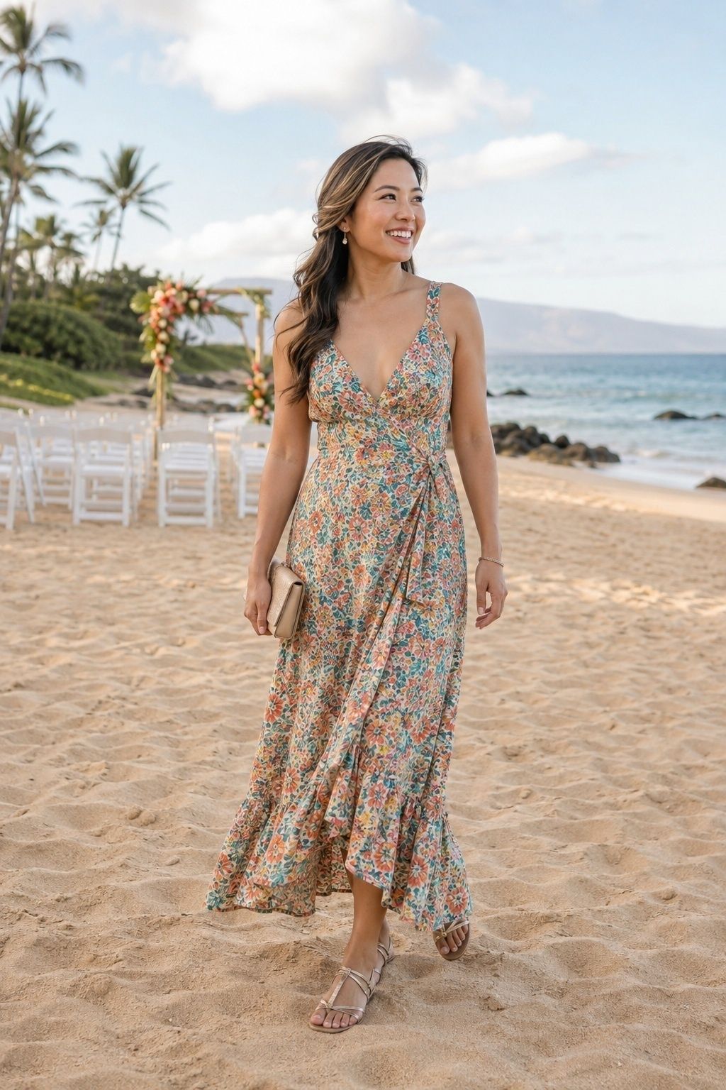 Floral maxi dress for a Hawaiian beach ceremony