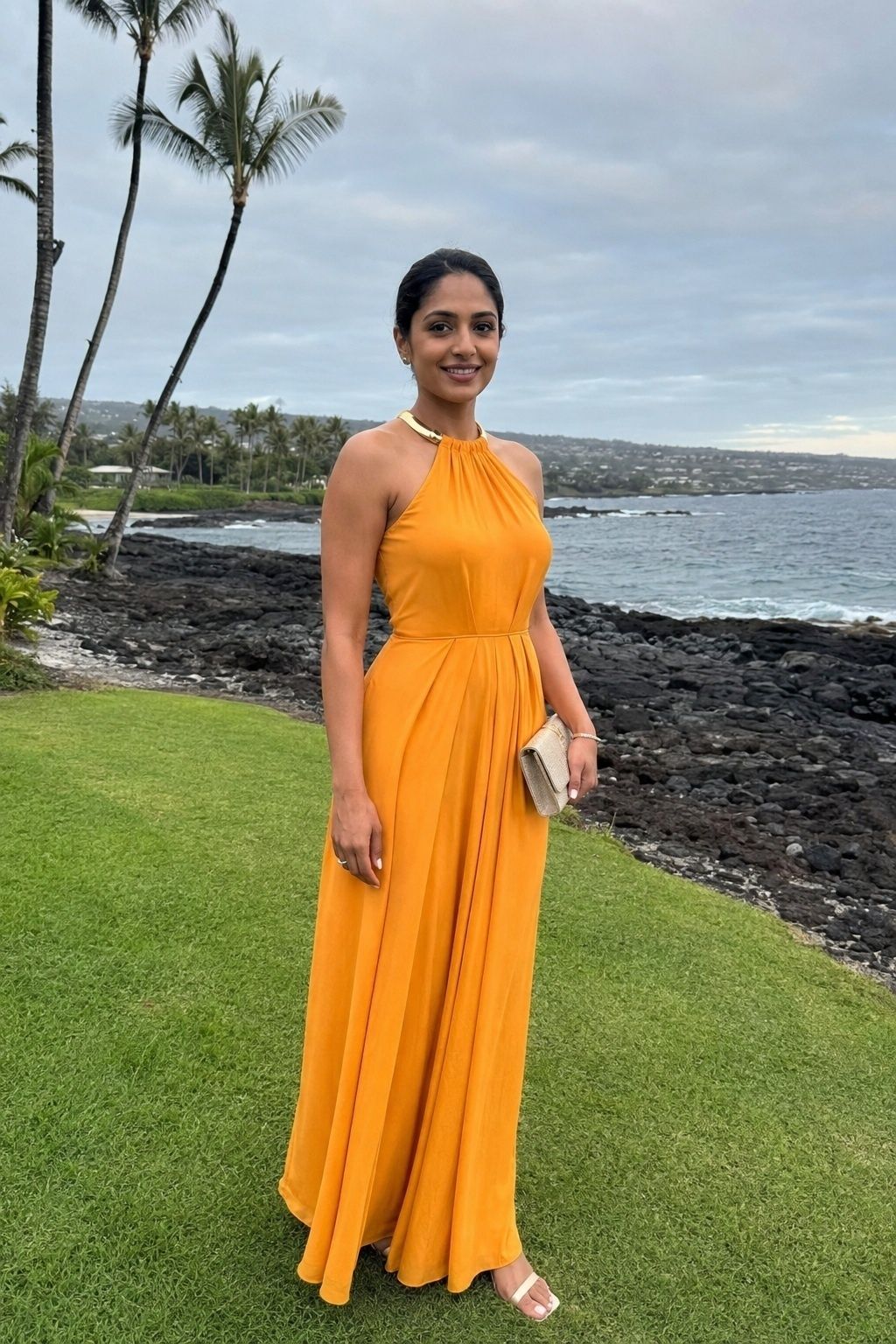 Halter maxi dress moving in the ocean breeze