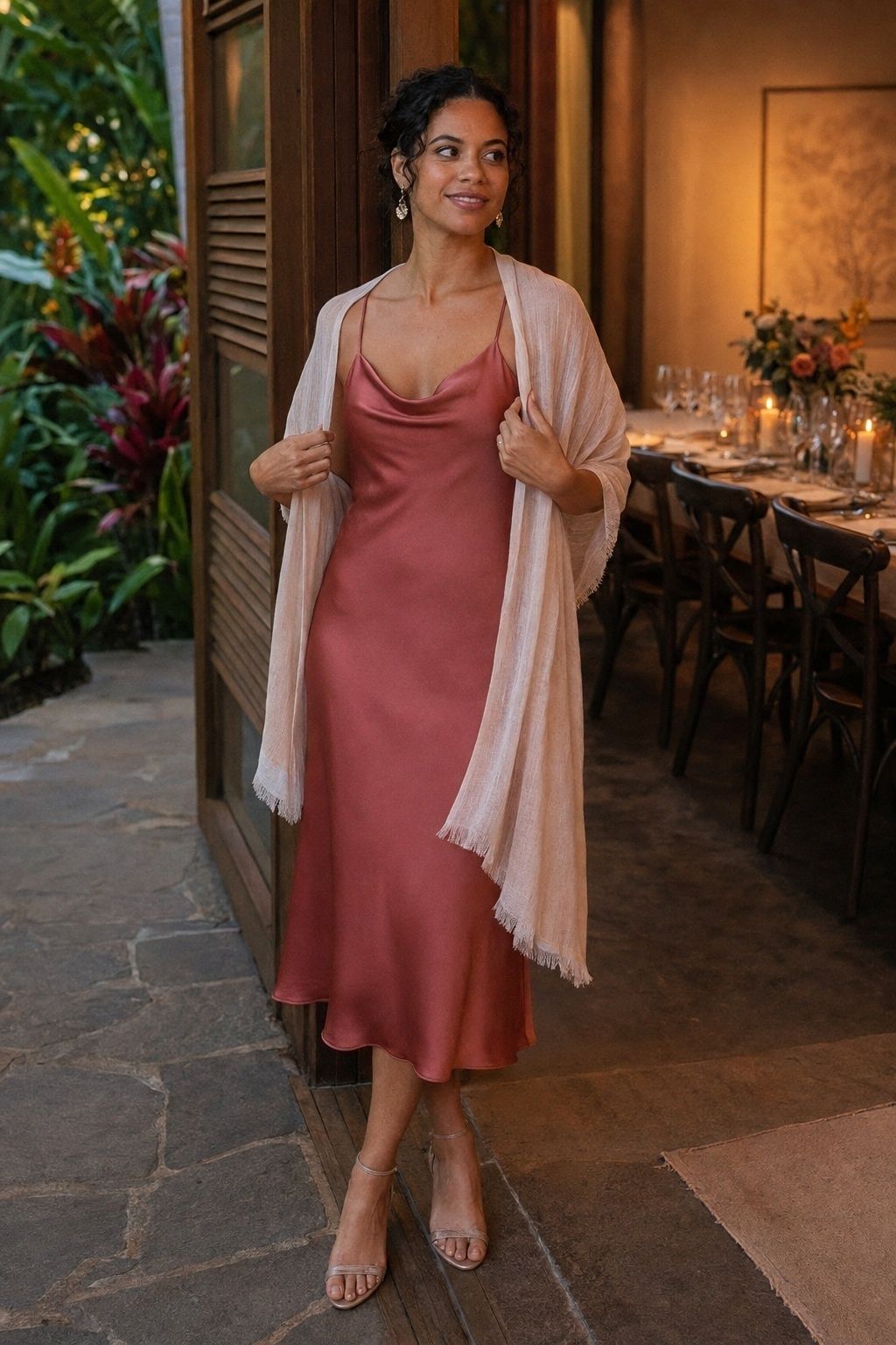 Slip-style midi dress with a light shawl