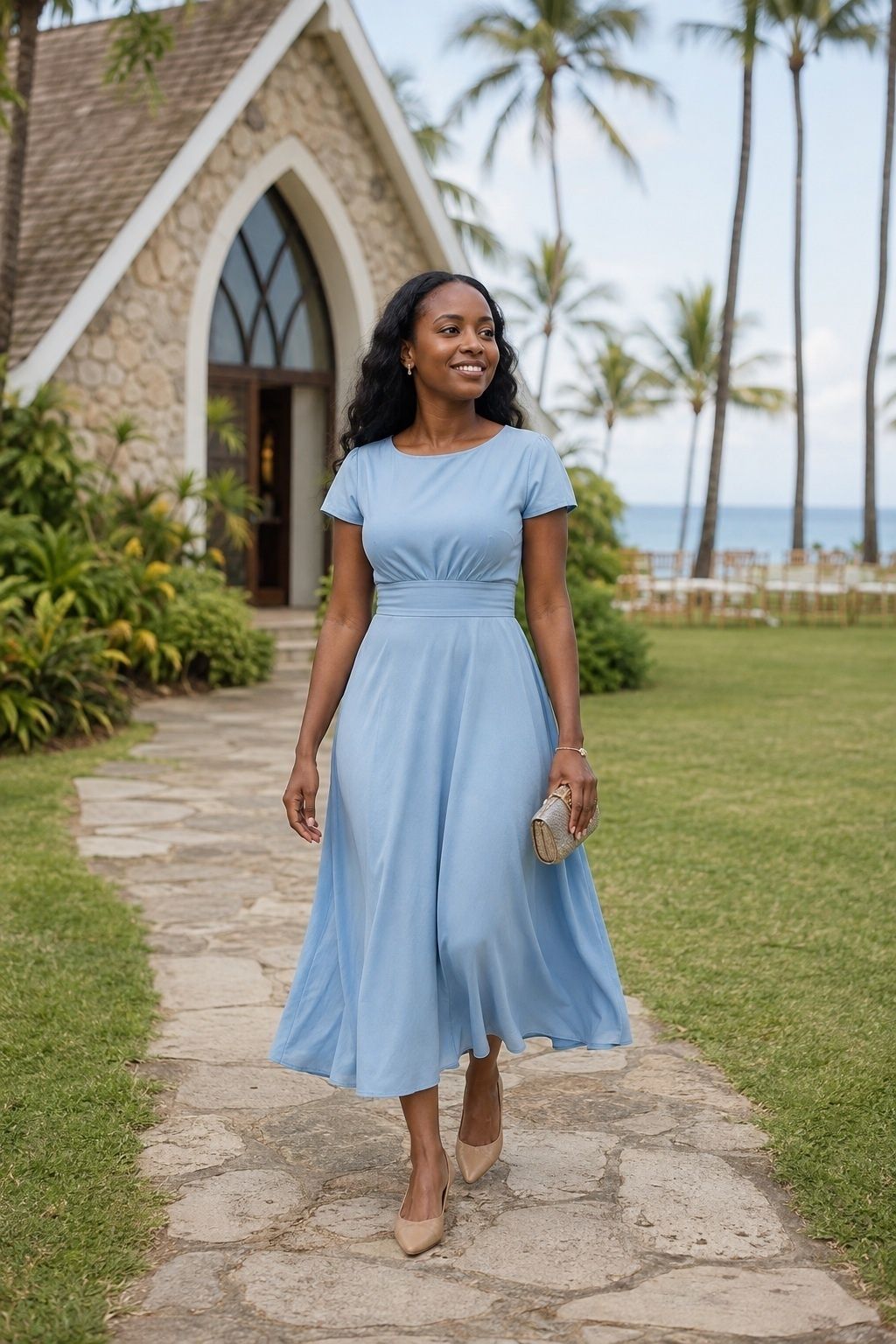Pastel midi dress for a daytime wedding