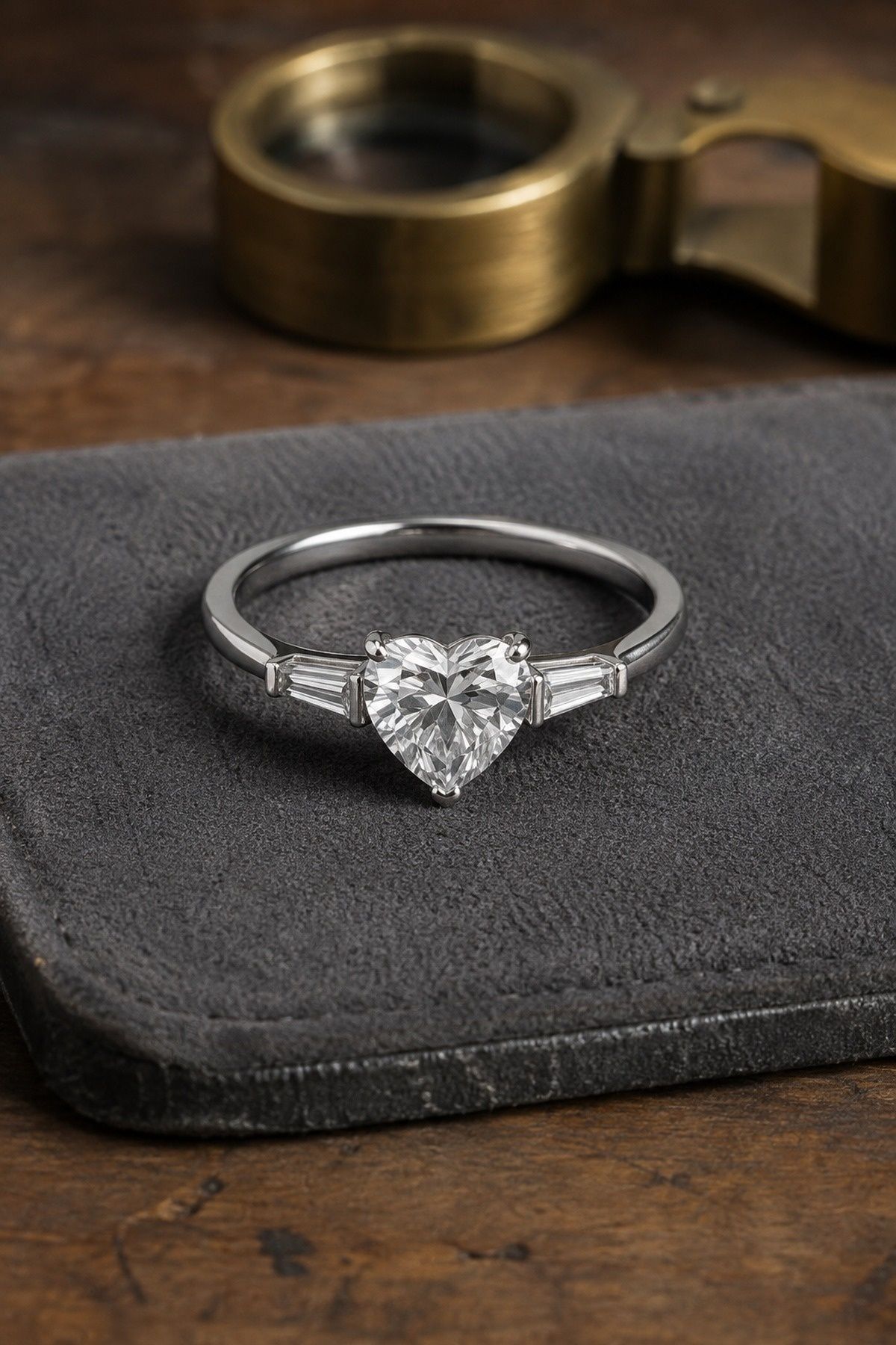 Three-stone ring with a heart-shaped centre
