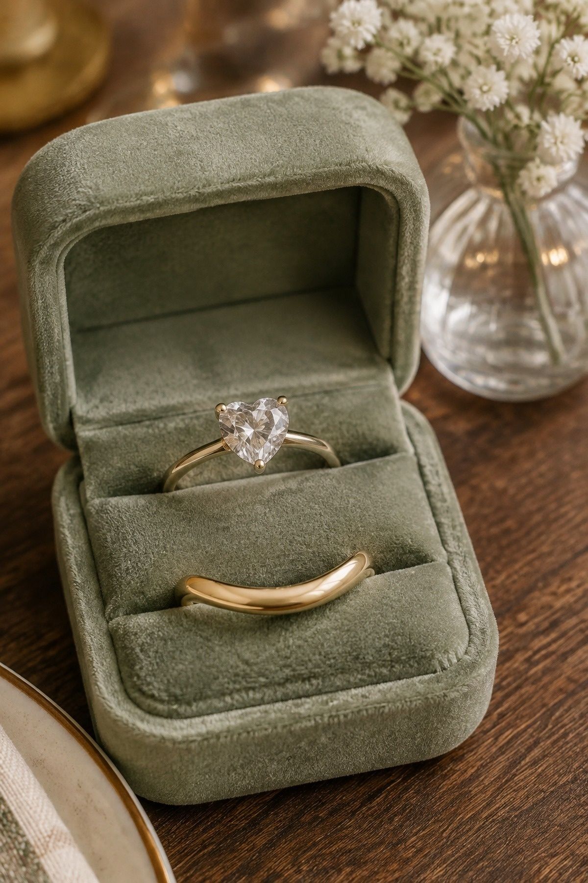 Heart ring nested with a curved wedding band
