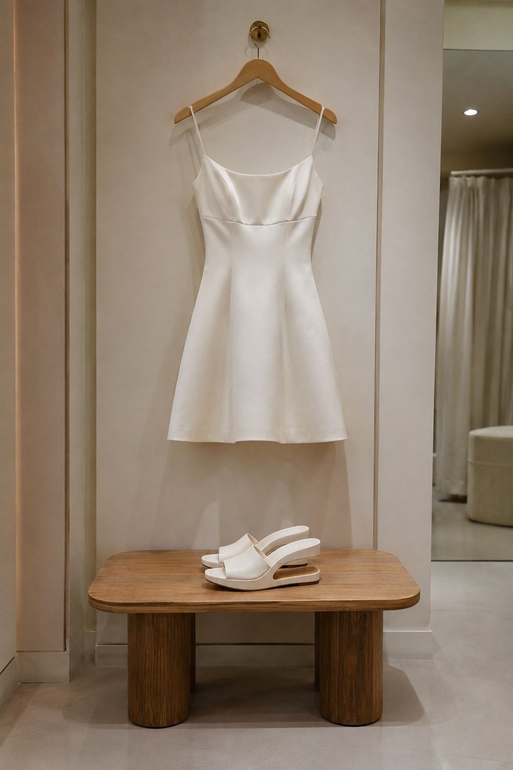 Ivory sculptural heelless shoes worn with a bridal mini dress