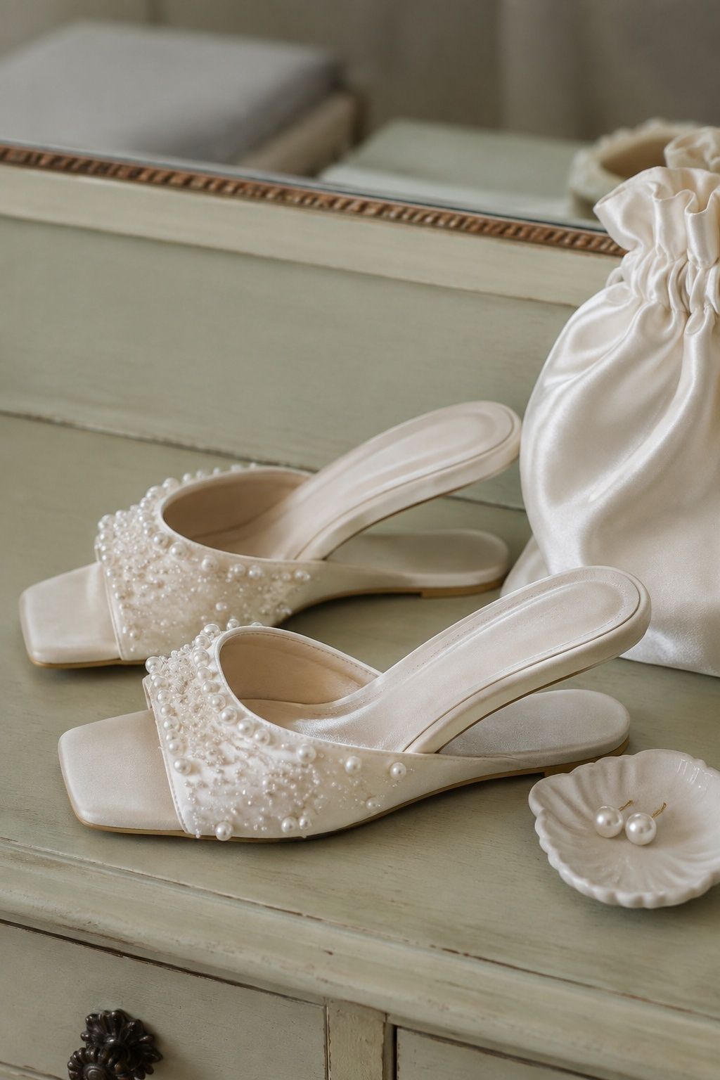 Pearl-detailed heelless heels with simple jewelry