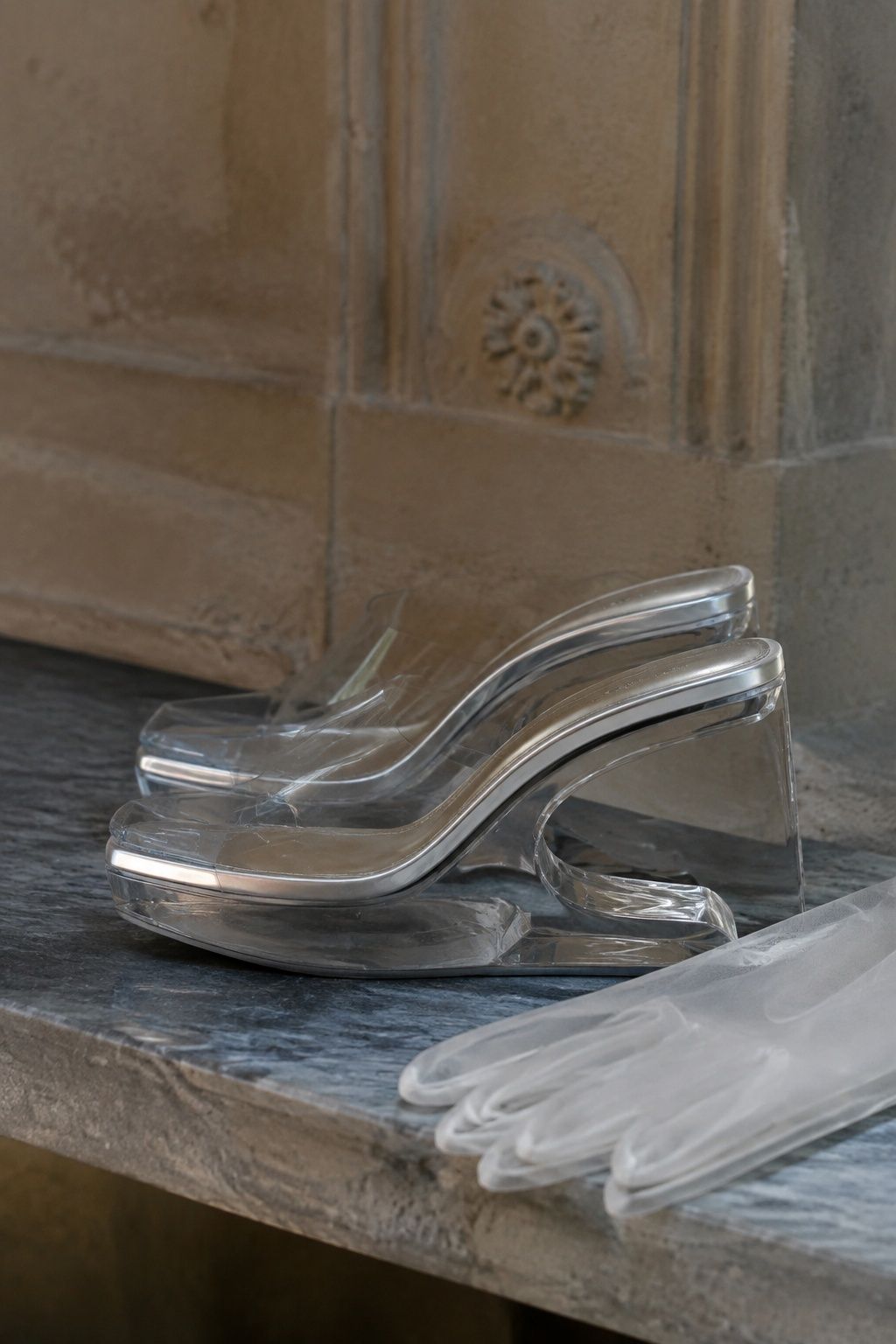 Clear lucite sculptural heels with modern styling