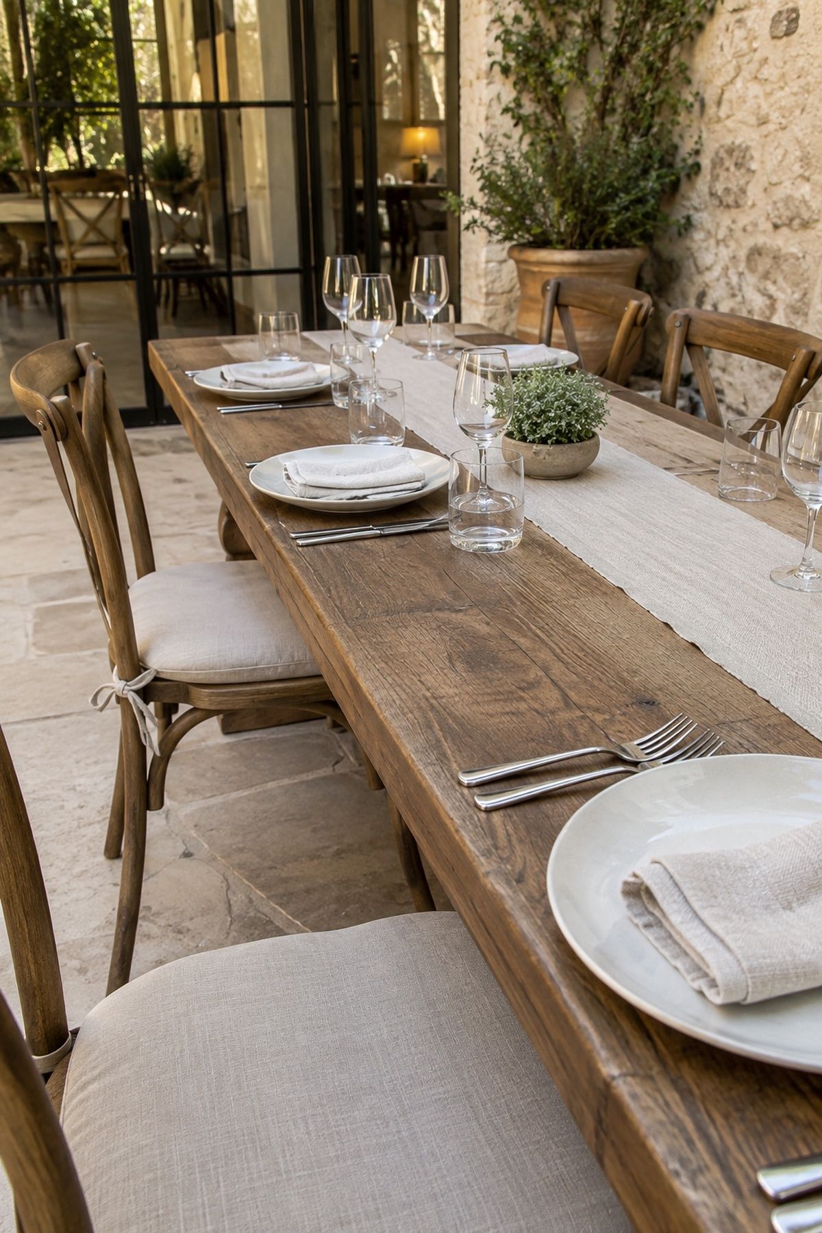 Low, sparse herb centerpieces on a dinner table