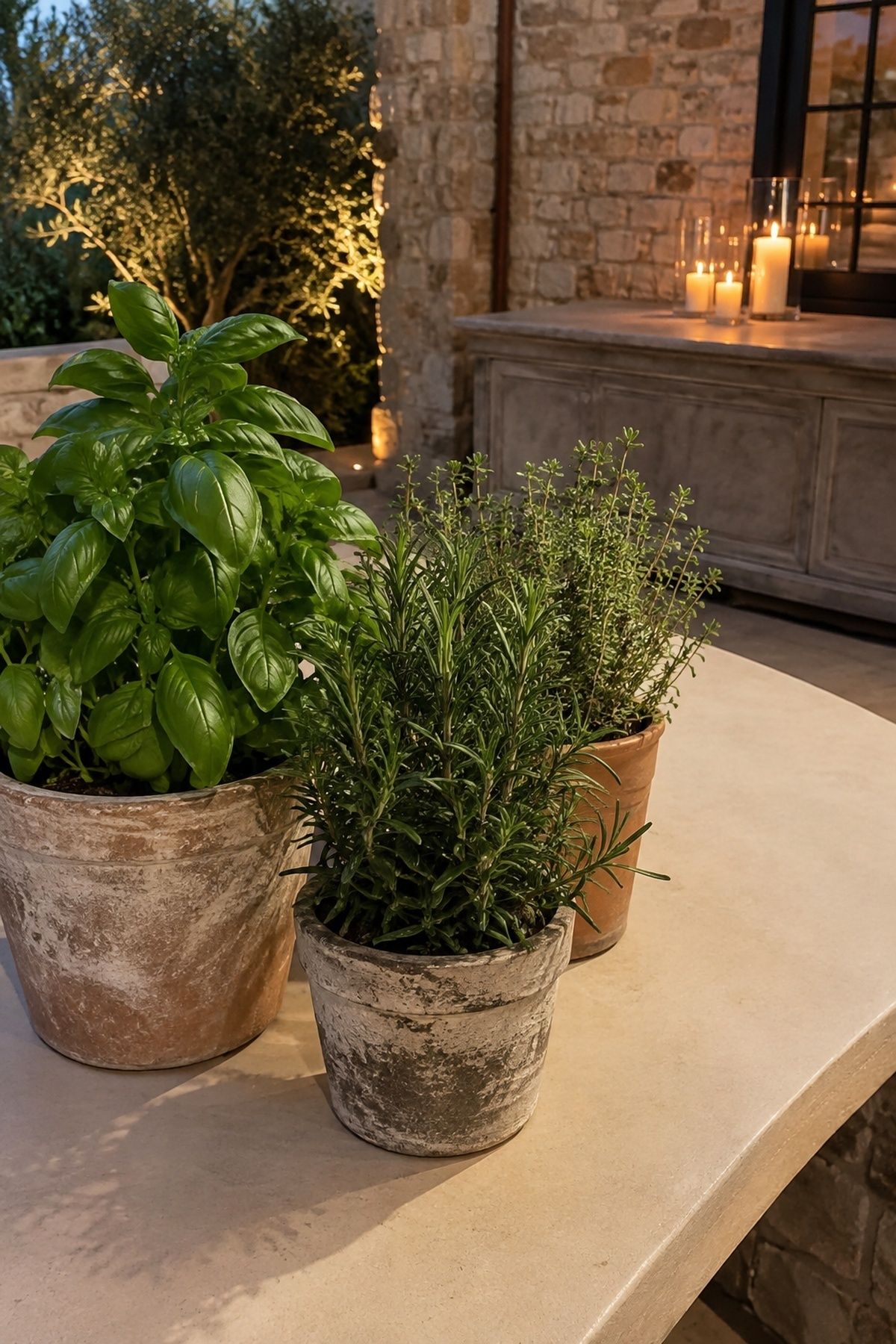Candlelight among garden herb textures