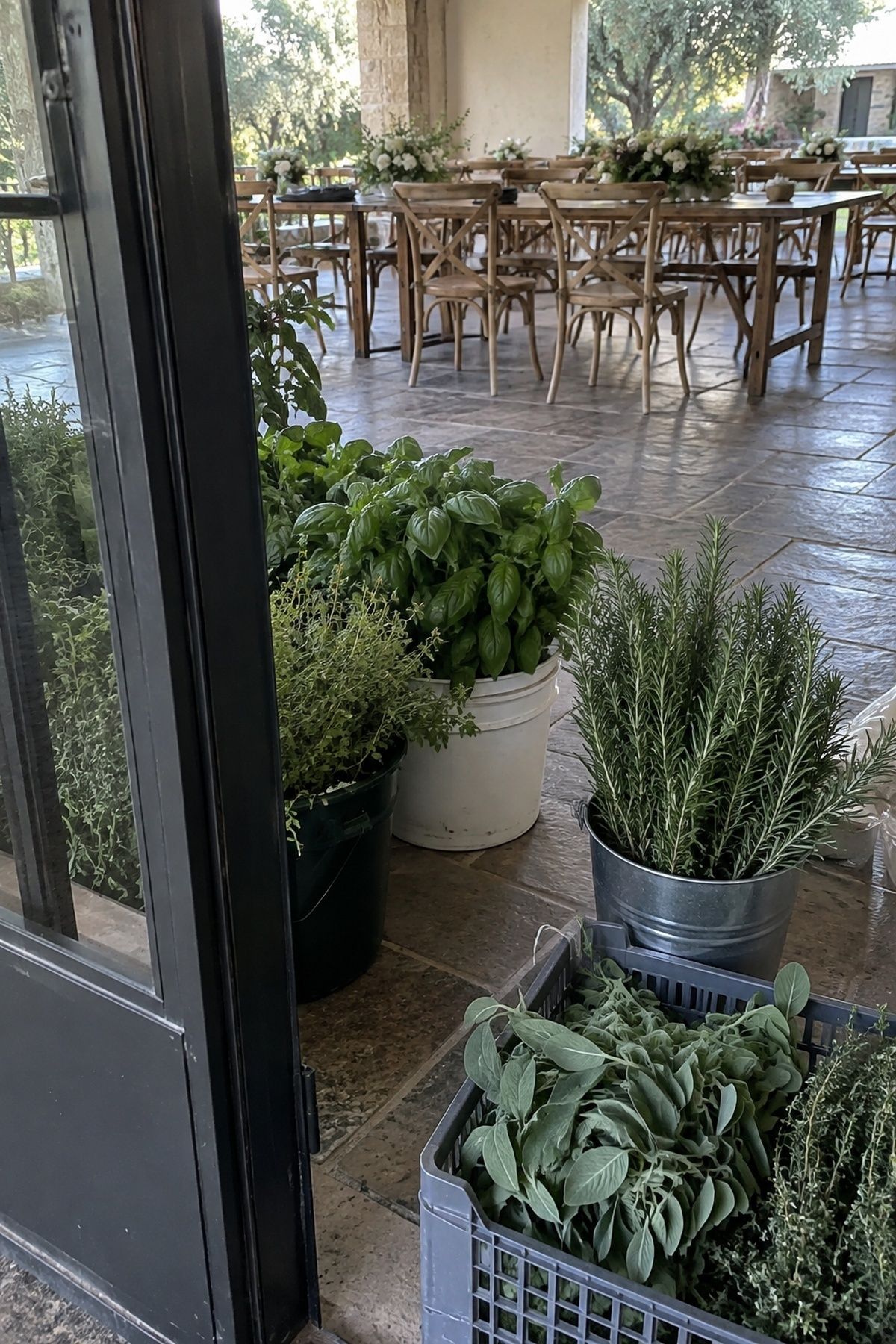 Fresh herbs kept cool during setup