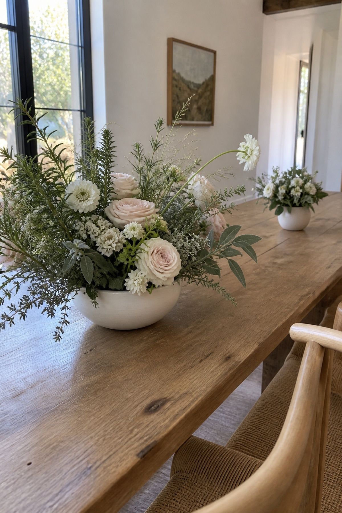 Herbs balanced with flowers in an arrangement