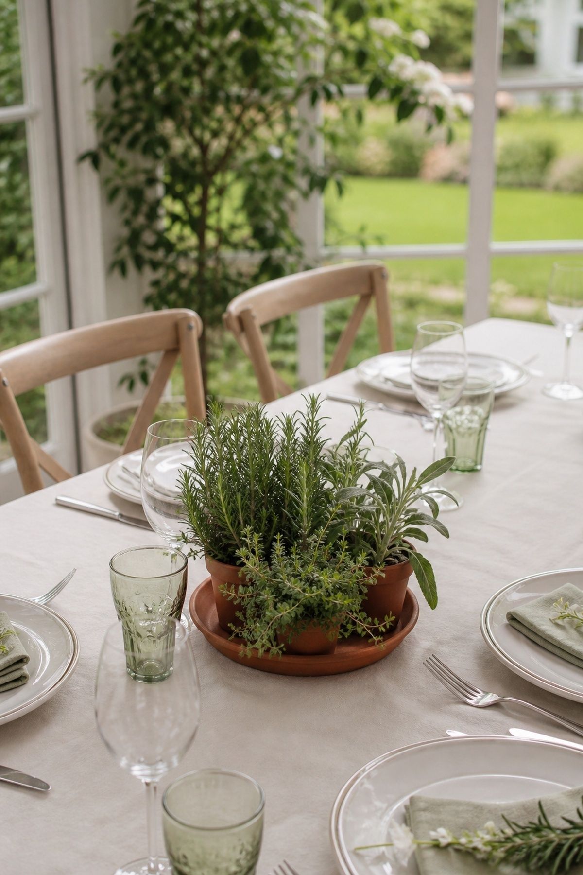 Potted rosemary and thyme clustered as centerpieces