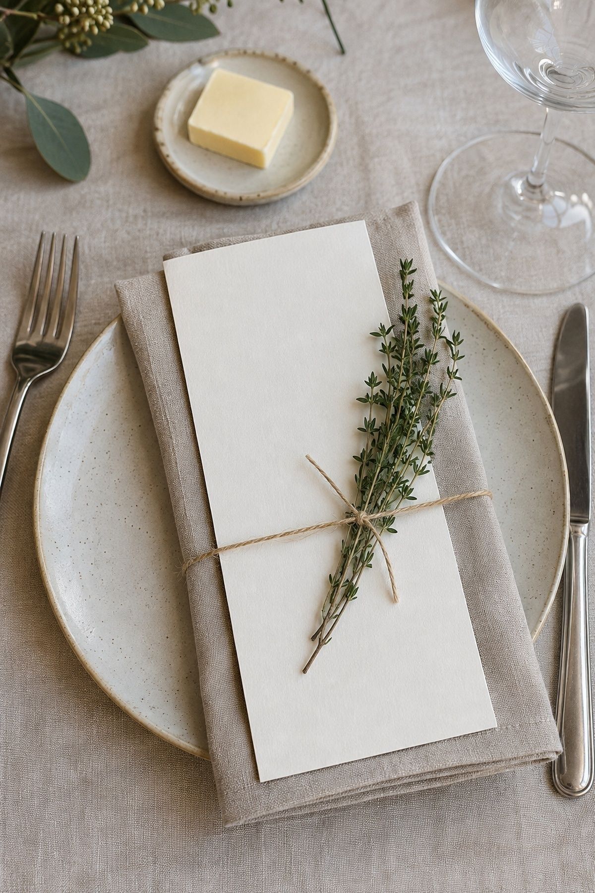 Thyme bundles tied around menu cards