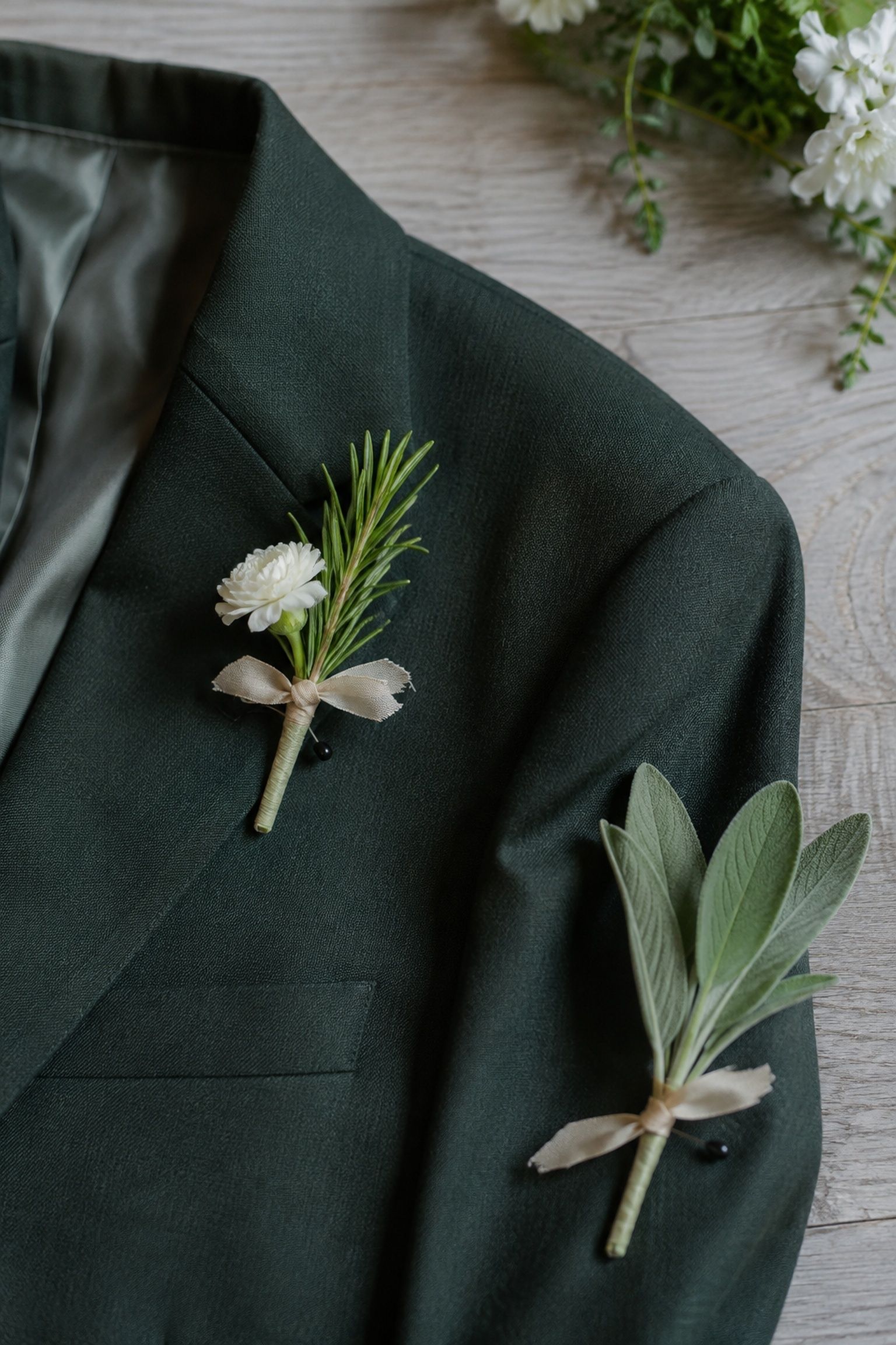 Boutonniere pinned with rosemary or sage