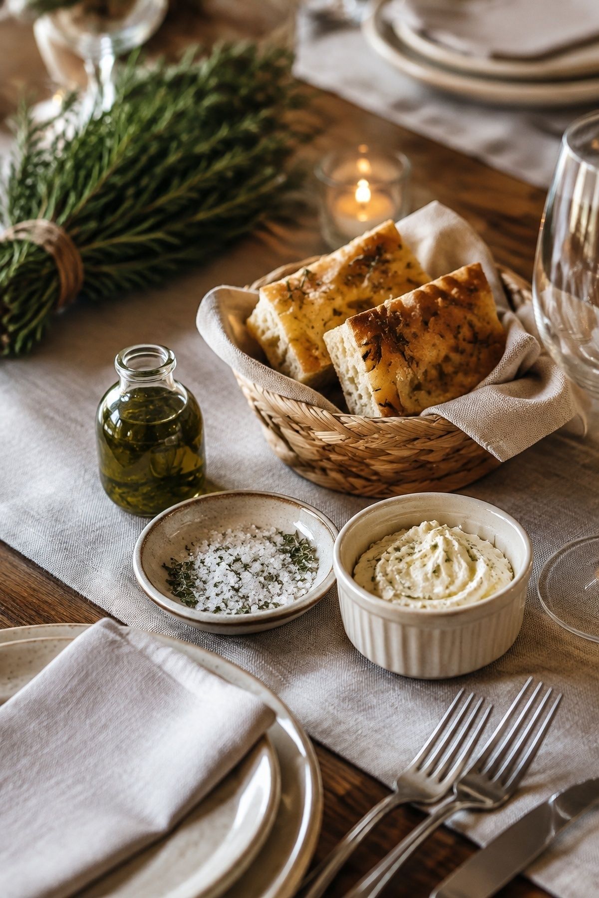 Bread and butter served with fresh herbs