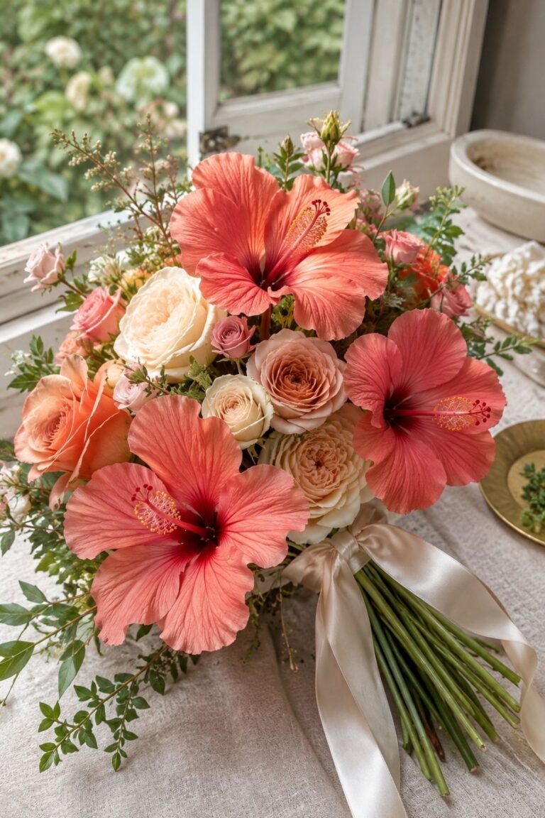Coral Hibiscus Bouquet With Soft Roses for hibiscus wedding bouquet ideas