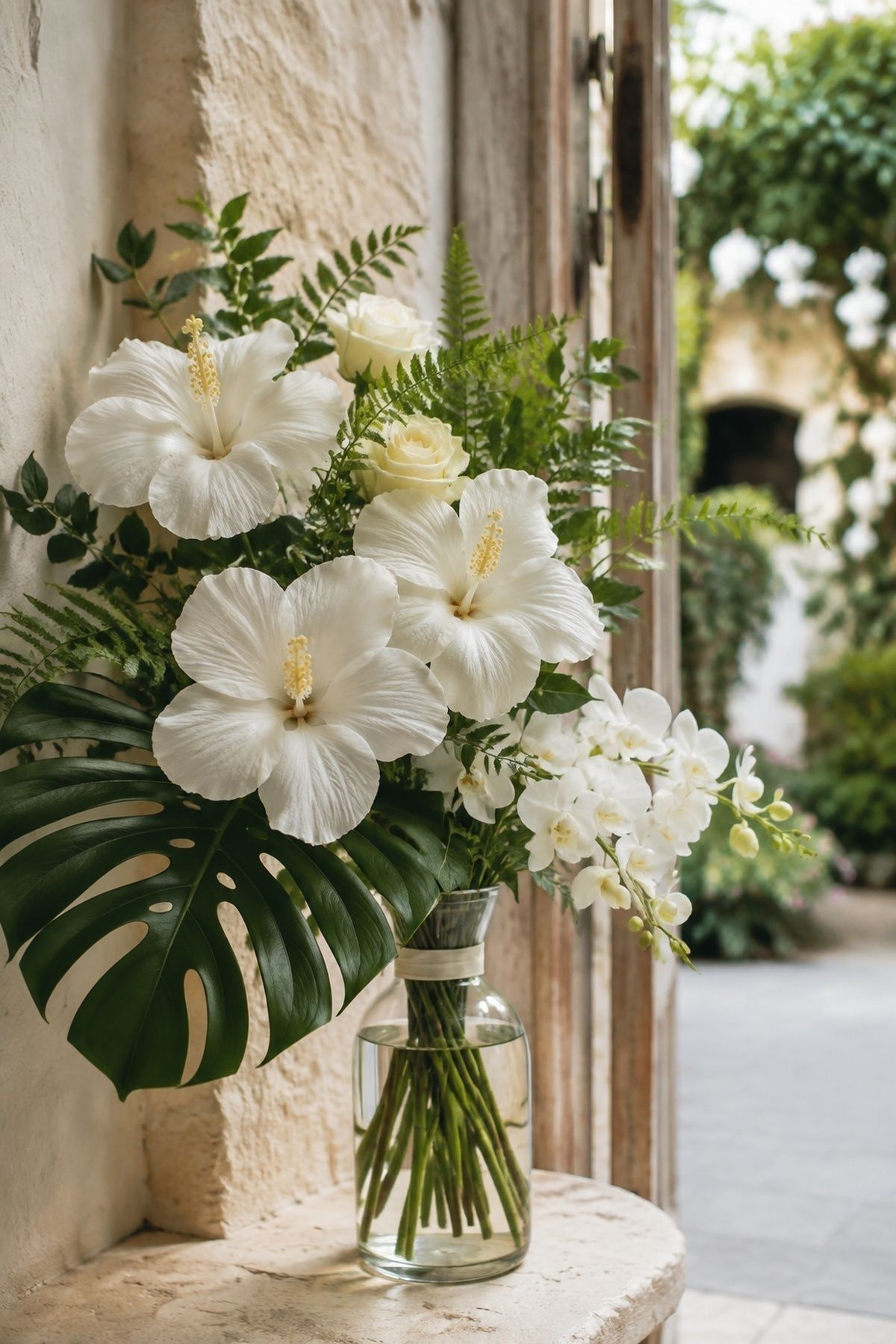 White hibiscus bouquet with tropical greenery