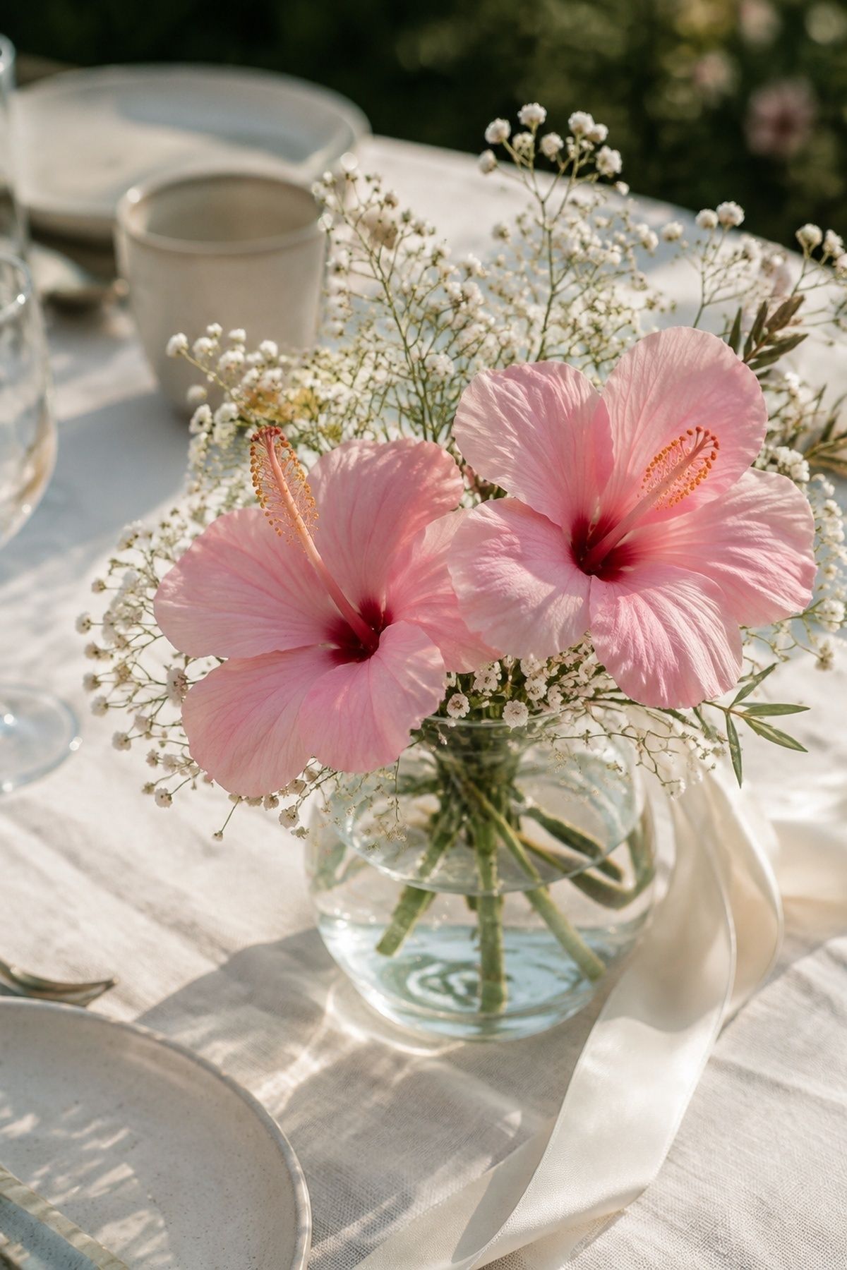 Pink Hibiscus Bouquet With Baby’s Breath for hibiscus wedding bouquet ideas