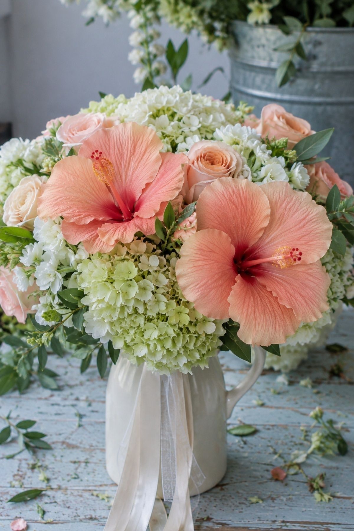 Peach hibiscus bouquet with hydrangeas
