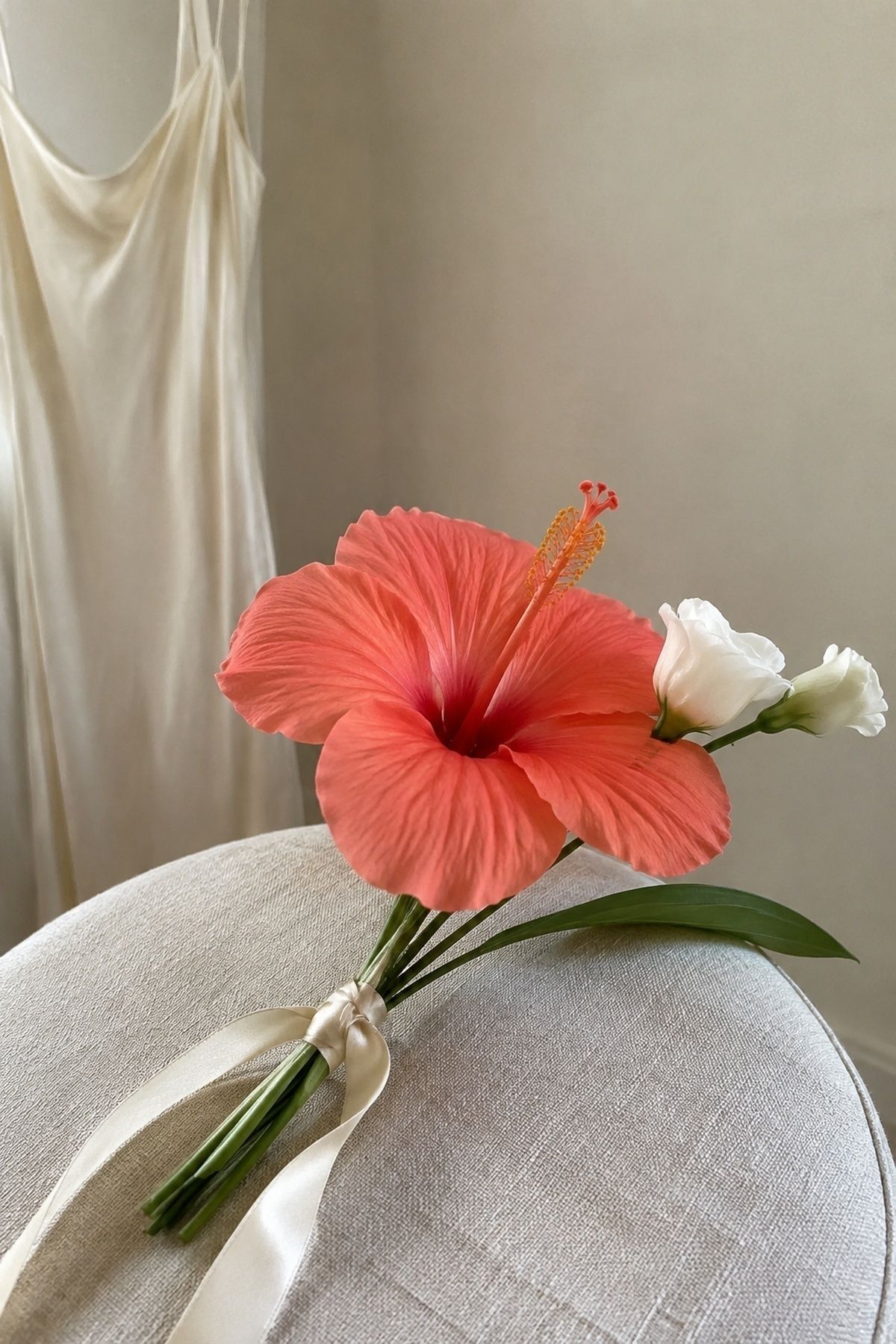 Bouquet built around one statement hibiscus