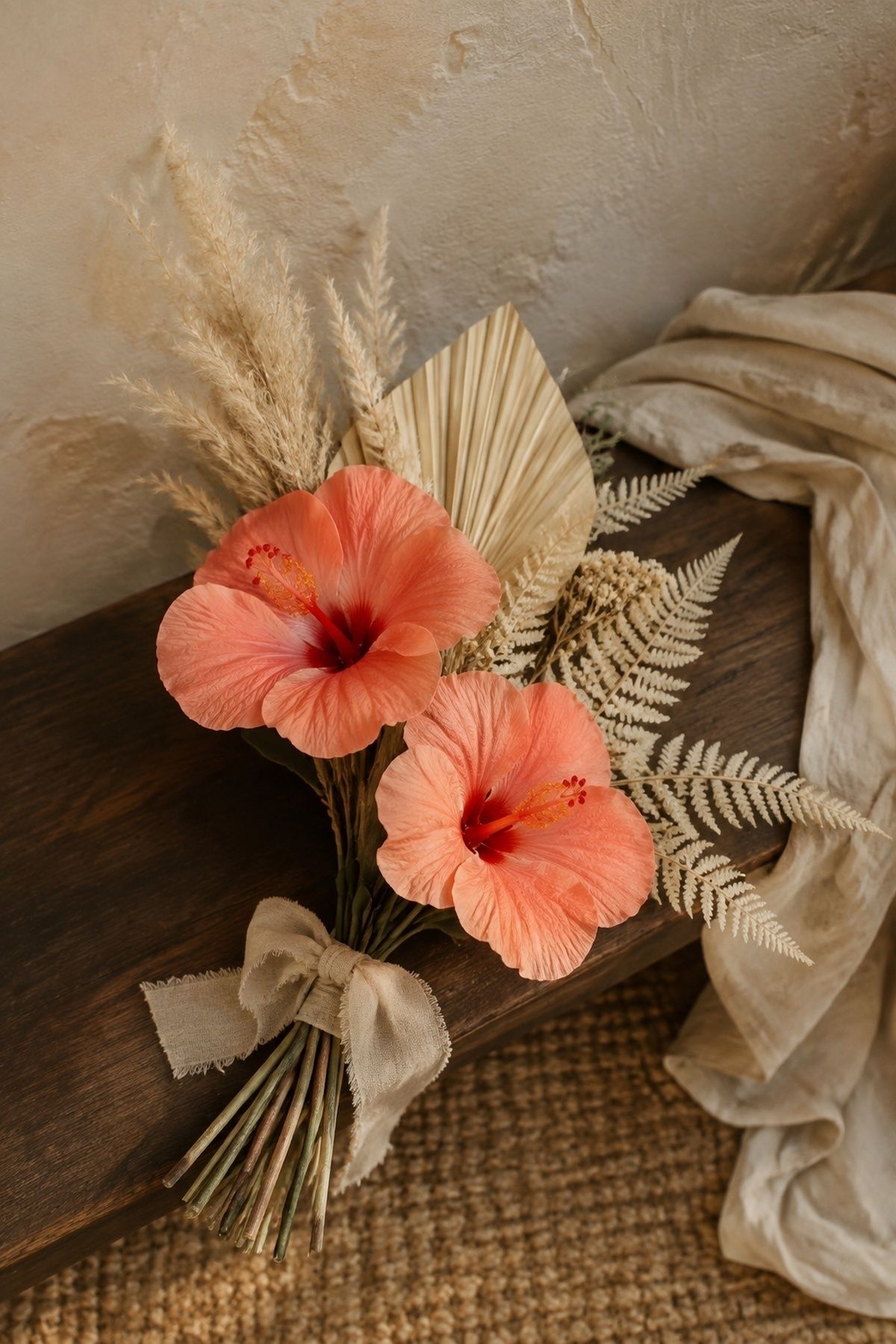 Boho hibiscus bouquet with pampas grass